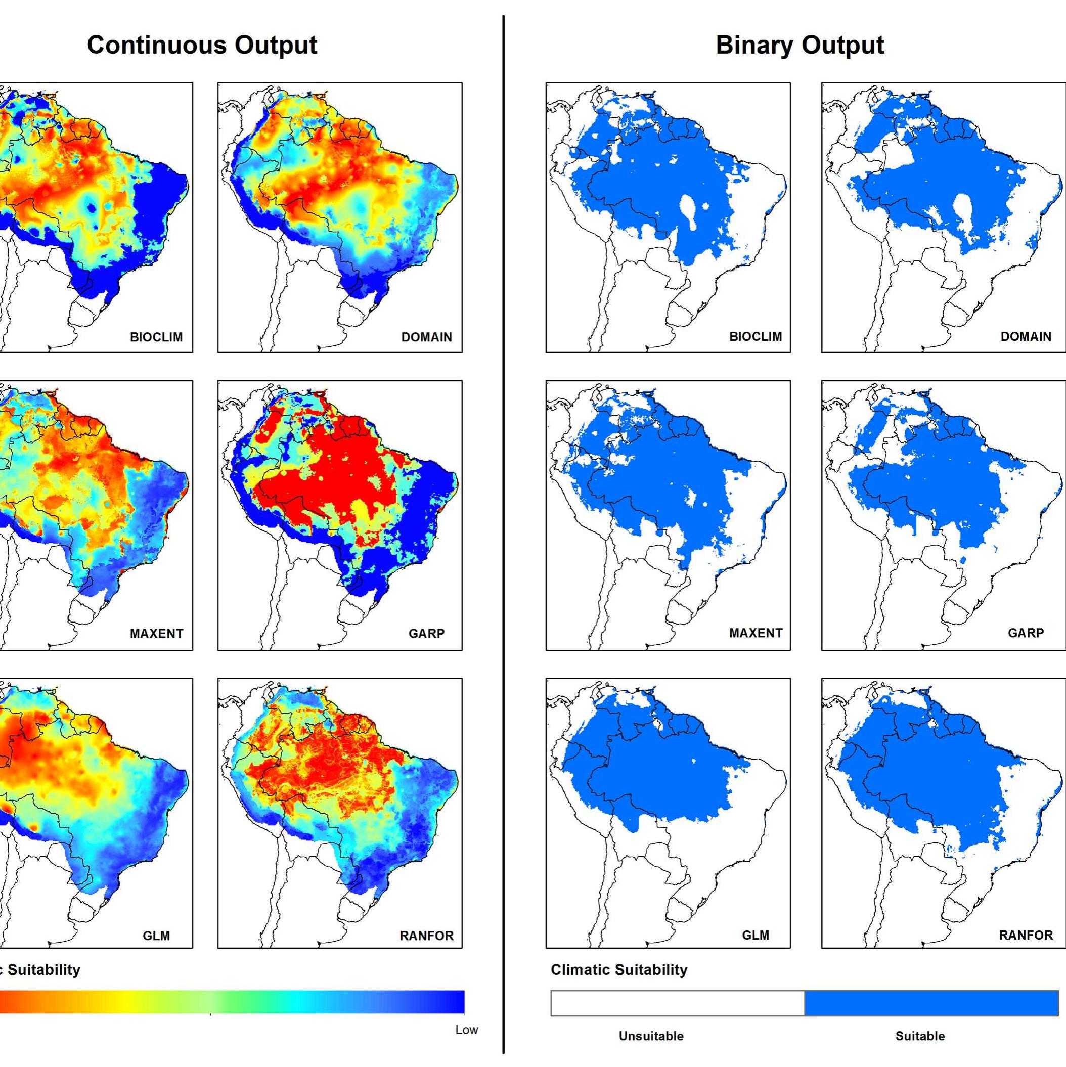 Fig 2. Climate suitability for Lutzomyia flaviscutellata in South America under current conditions from six modelling algorithms. Continuous output
stretched values of climate suitability. Binary output: suitable areas after the application of the threshold that maximizes model sensitivity and specificity.

