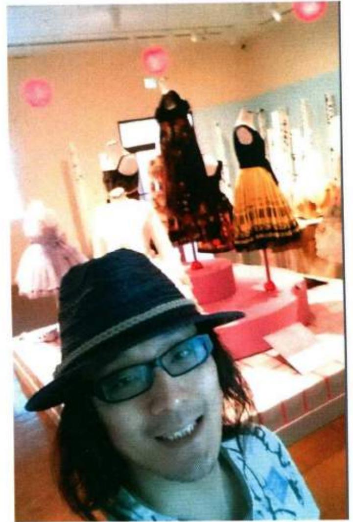 ae  Many visitors who entered the Harajuku room during my 45-minute stay were ‘lappers” ~ perhaps no one could endure more than ten minutes due to the loud speakers that repeatedly played three songs of J-pop princess, Kyary Pamyu Pamyu. However, there was a group of mixed gender young Japanese tourists, who seemed drawn into the room by the music. Perhaps  Image 3: Selfic shot, Harajuku: Tokyo Street Fashion. Jonolulu Museum of Art, Honolulu. Photo © Tets Kimura 