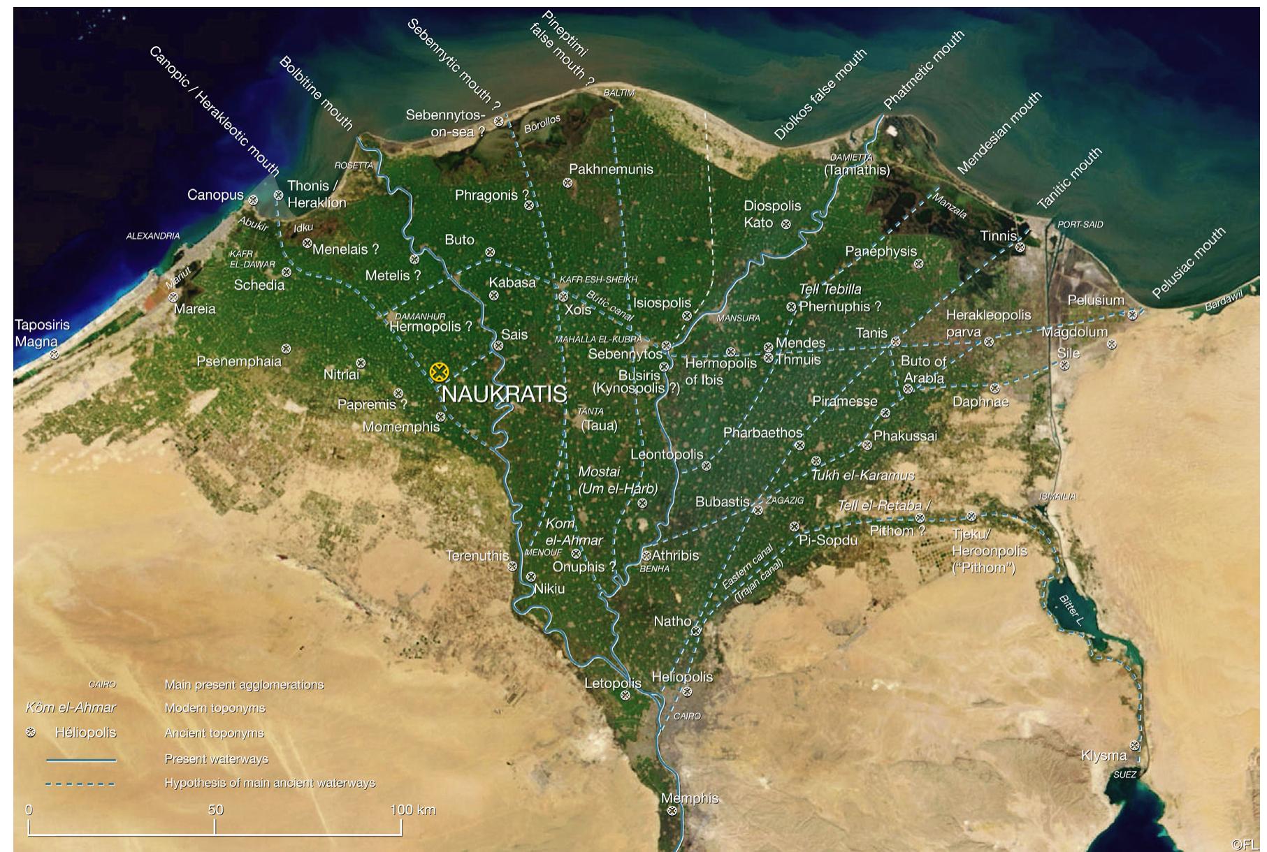 Fig. 1: Map of the Egyptian Nile Delta with ancient sites, Nile channels and canals marked. © Francois Lecleére, based on satellite image of 02 05 2003, Visible Earth Record no. 24588 (Jacques Descloitres, Modis Rapid Response Team, NASA/GSFC). 