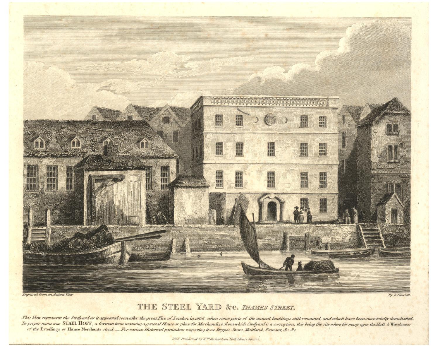 Fig. 3: London Steelyard 1812, etching and engraving by Bartholomew Howlett, “The Steel Yard &c. Thames Street’. British Museum 1880,1113.1512. © Trustees of the British Museum. 