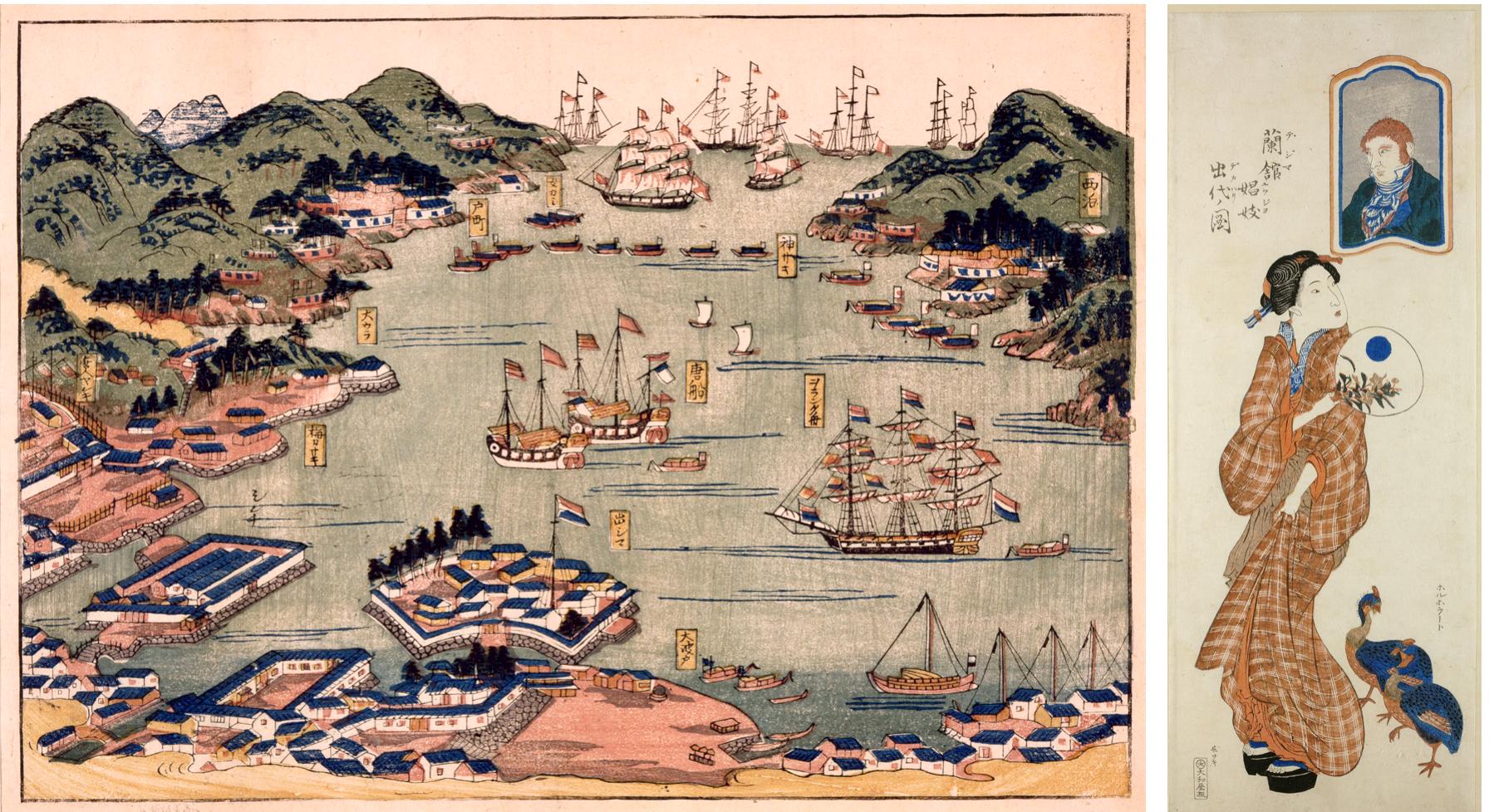 Fig. 4: a) Nagasaki bay with Dejima, mid-19th-century Japanese woodblock print. British Museum 1951,0714,0.28. © Trustees of the British Museum; b) a Dejima prostitute with a portrait of her Dutch lover, Japanese woodblock print, « 1800. British Museum 1951,0714,0.20. © Trustees of the British Museum. 