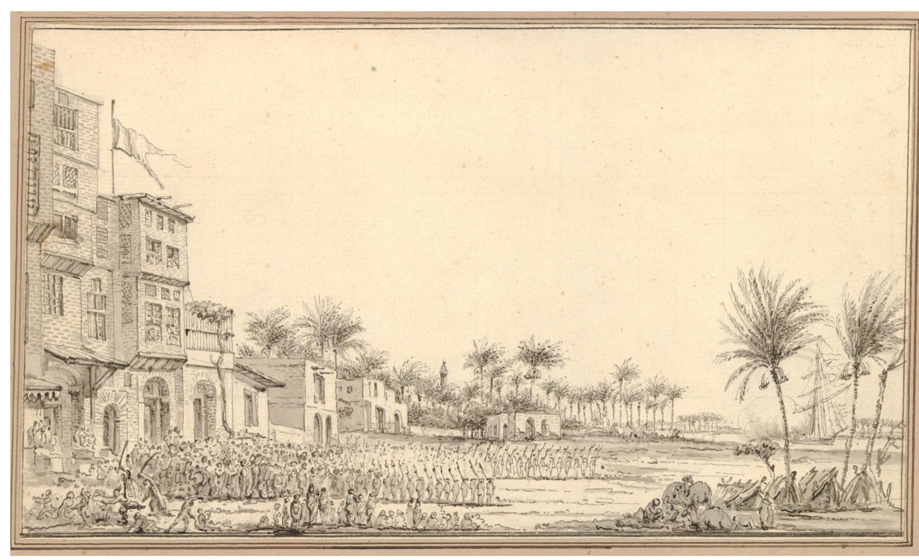 Fig. 5: View of Rosetta, 1802. Baron Dominique Vivant Denon, “Vue de Rosette’, study for pl. 14 of Voyage dans la Basse et la Haute Egypte, pendant les campagnes du Général Bonaparte. British Museum 1836,0109.13.b. © Trustees of the British Museum.  (Braudel 1966; Horden and Purcell 2000).° The grand houses of the port cities of Damietta and Rosetta (Fig. 5) testify to the role played by immigrant Anatolian and European merchants. In such settings of close contact, as Curtin noted, it was often the case that ‘intermarriage produced a mixed-race, mixed-cultural community able to act as cultural brokers’ (Curtin 1984. 150); similarly, marriage could underpin long-distance links between business partners. Such intermingling, though, was not left unregulated. Coexistence and interaction among diverse groups was subject to articulated state policies, but was regulated especially by social norms and codes of behaviour (Trivellato 2009; Gekas and Grenet 2011, 100-01). Nonetheless, coexistence was not always conflict-free: as the story of the big Eastern Mediterranean trading cities from Alexandria to Smyrna shows, periods of harmonious coexistence alternated with violent conflict often sparked, at least on the surface, by religious tension (Mansel 2010).  