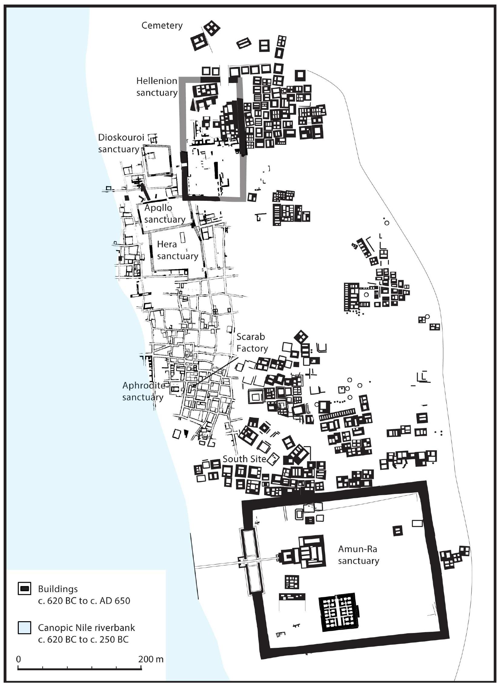 Fig. 10: Map of Naukratis incorporating all previous fieldwork and preliminary geophysics results. © The Naukratis Project, Trustees of the British Museum. Map by Ross Thomas.  brick), most of which were lost already before the excavators arrived: the fact that only a single fragment of Archaic architecture survives from the large sanctuary of Hera indicates the scale of destruction. 