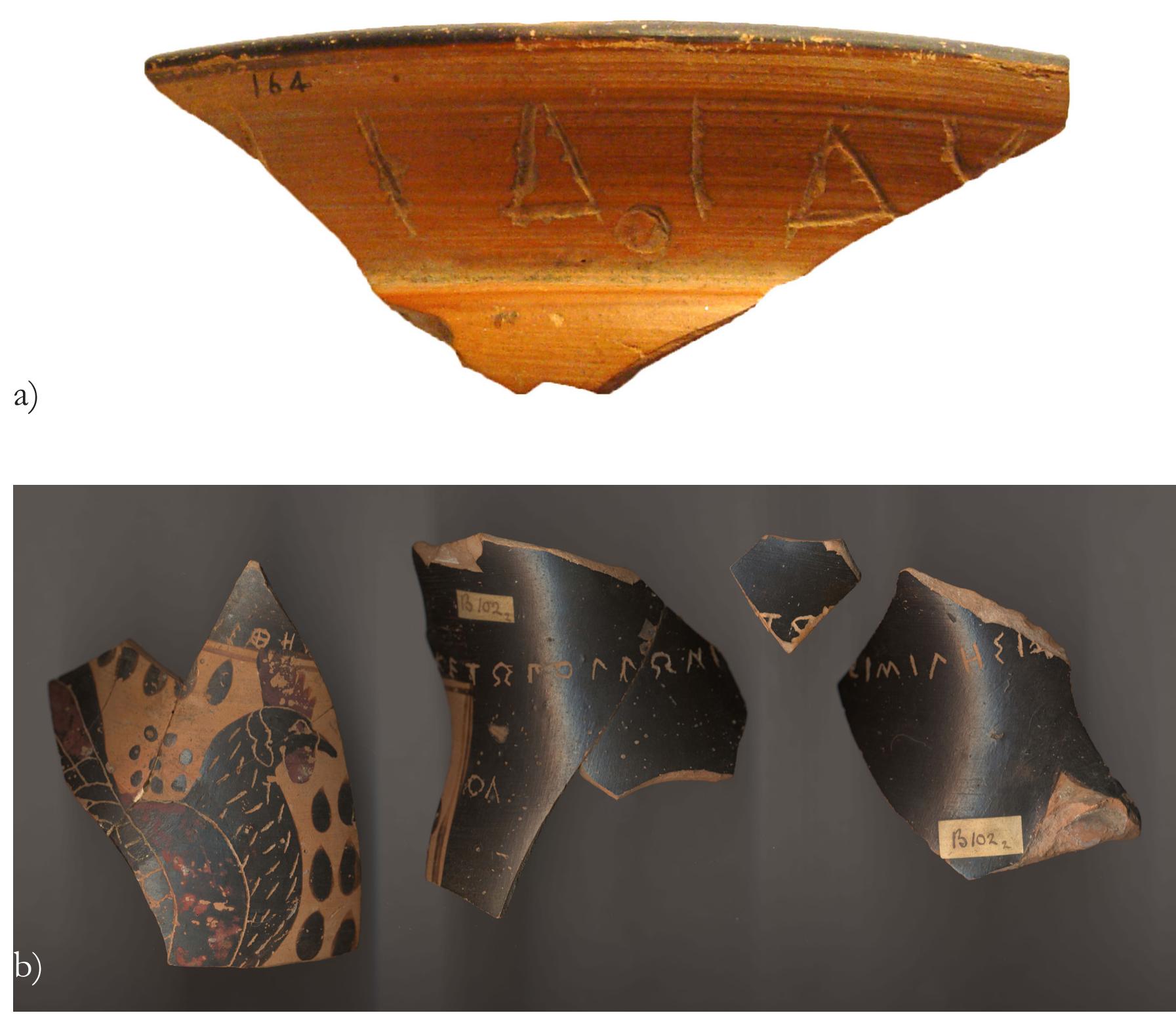 Fig. 11: Votive dedications to Apollo: a) to Apollo Didymeus on an Ionian cup, ¢ 580-550 BC. British Museum 1886,0401.262; b) to Apollo Milesios on an Athenian black-figure olpe, ¢. 580 BC. British Museum 1886,0401.737. © Trustees of the British Museum.  piece of large egg-moulding (Fig. 14), the built structures in the precinct must have been sizeable, and similar in date and style to those in the early Samian Heraion." Given the size of the temenos and taking the Samian Heraion as a comparison, the only foundations noted by Gardner and identified by him as the ‘temple’ (Gardner 1888) might in fact belong to a subsidiary building, while the main temple, oriented west—east, lay more to the south. 