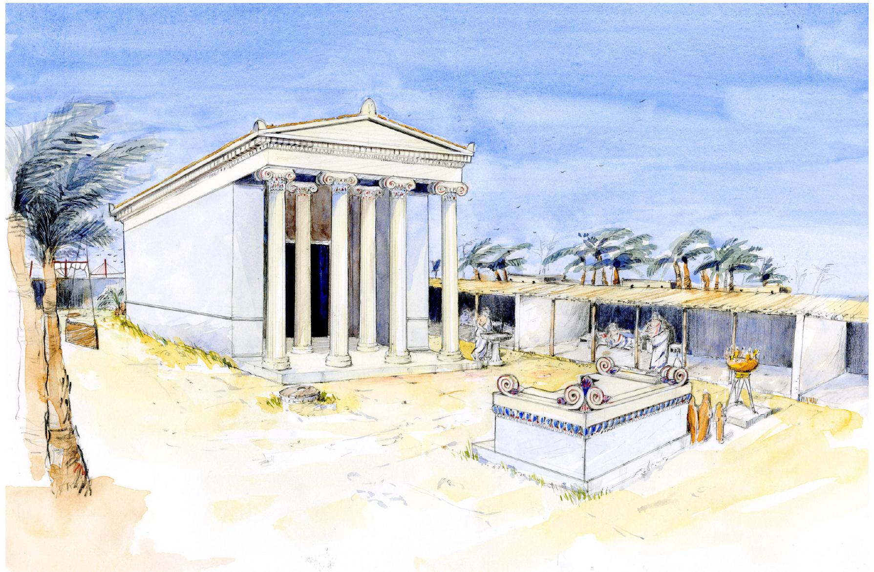 Fig. 12: Artist’s impression of the Late Archaic Apollo sanctuary. Drawing by Kate Morton, © Trustees of the British Museum. 
