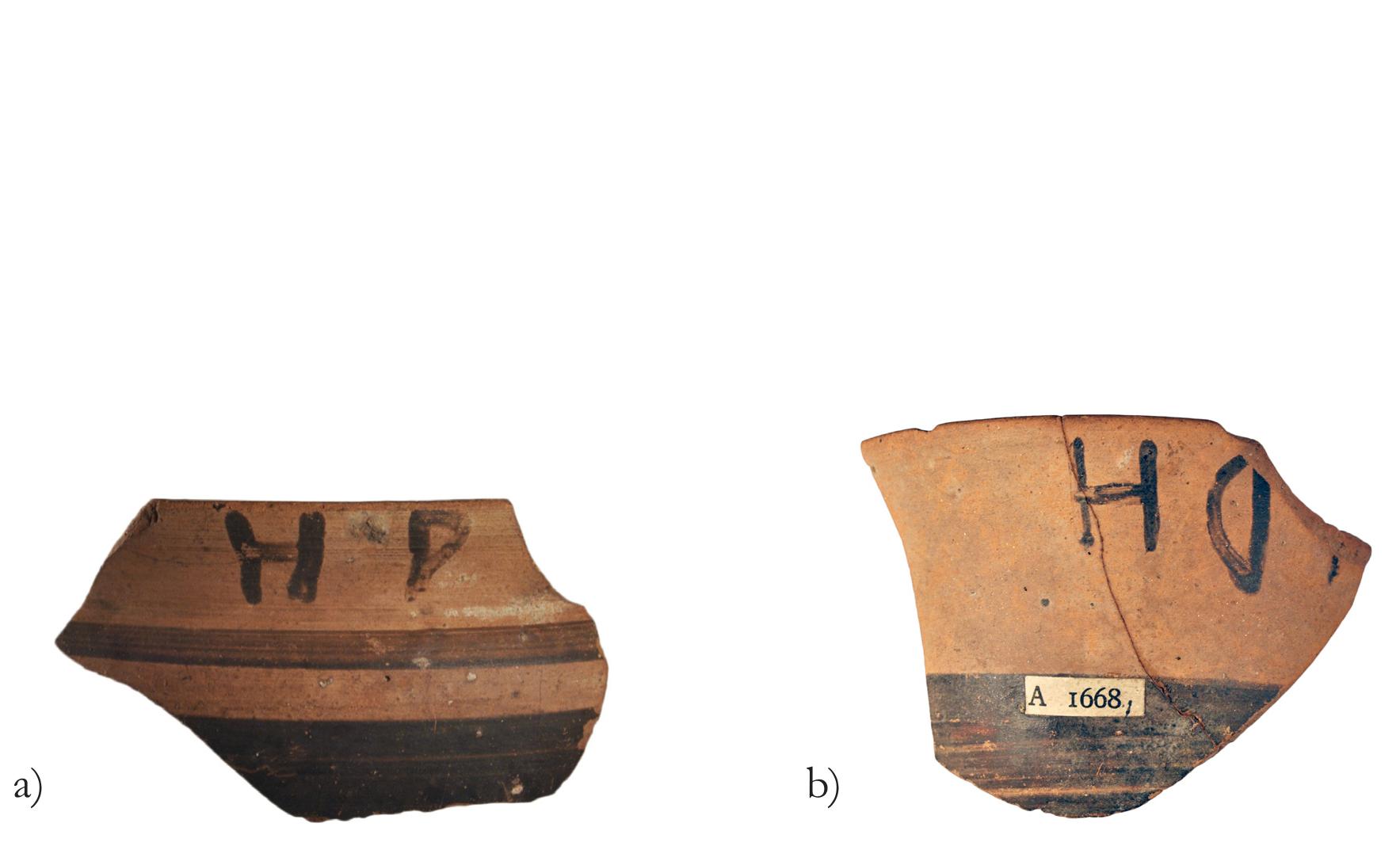 Fig. 13: Fragments of sanctuary pottery from the Archaic Heraion of Naukratis, c. 600-560 BC: a) ‘Hera’ cup. British Museum 1911,06006.23; b) ‘Hera’ mug. British Museum 1888,0601.401. © ‘Trustees of the British Museum. 