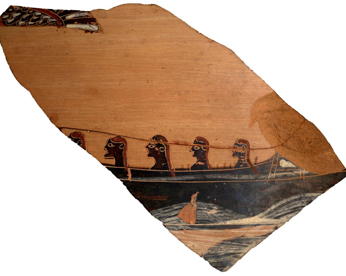 Fig. 15: North Ionian (Clazomenian) black-figure fragment of a krater or dinos, perhaps Odysseus and the sirens, ¢ 560 BC, from the sanctuary of the Dioskouroi at Naukratis. British Museum 1888,0601.586. © Trustees of the British Museum.  Dioskouroi, see Gardner 1888, 30-31). The reference in Alkaios as well as Archaic dedications on otherwise little-exported Lesbian grey ware pottery (though such pottery was found also in other Naukratite sanctuaries) confirm a particular Lesbian interest in the Dioskouroi and may hint at a possible Lesbian role in its establishment at Naukratis; at the very least this prominent  East Greek picture, free (as far as we can tell) from Laconian elements, is a pertinent reminder that the cult of the Dioskouroi is far from a purely Spartan phenomenon.  