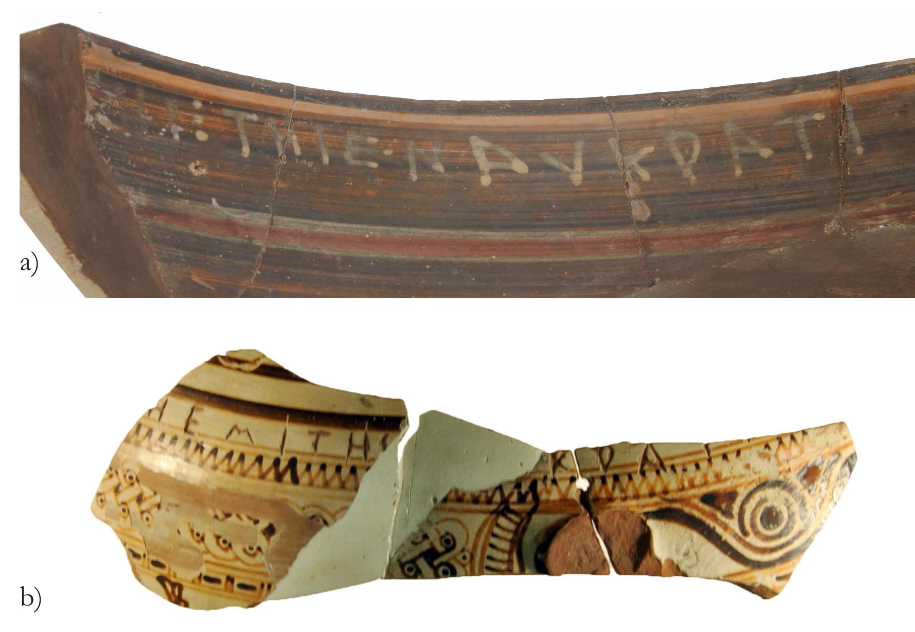 Fig. 16: Votive inscriptions to ‘Aphrodite at Naukratis’: a) dipinto on a North Ionian, probably Tean, oversize bowl, early 6th century BC. British Museum 1888,0601.531; b) graffito on an a large Chian chalice, ¢ 600 BC. British Museum 1888,0601.182 + 1924,1201.15. © Trustees of the British Museum.  the cult’s foundation, the pattern in votive inscriptions (which were diligently collected by the early excavators and therefore are more representative than overall pottery ratios: see Villing forthcoming) at the very least attests to the sanctuary’s role in extensive direct trade between Nauktratis and the Chian/North Ionian region in the evporion’s earliest days. 