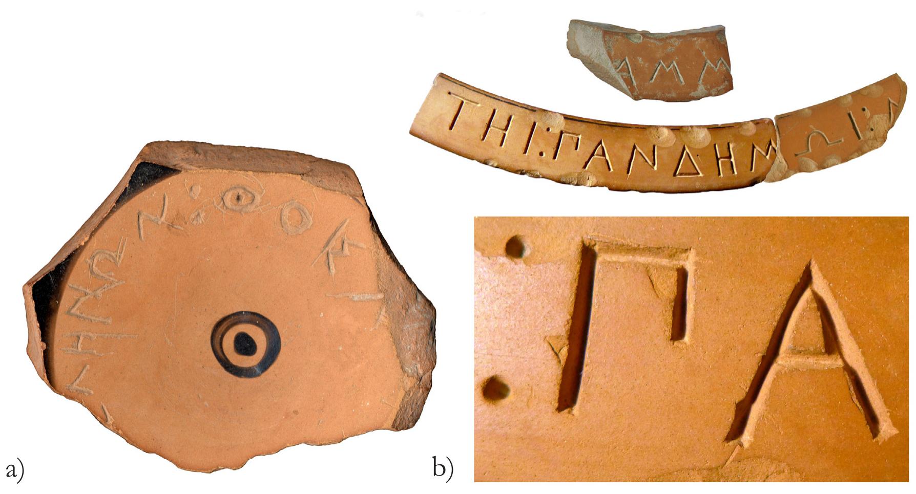 Fig. 17: a) Votive graffito to the ‘gods of the Hellenes’ (JeAnvwv : Sor p[.].[) on an Attic cup, fragment, « 530— 500 BC. British Museum 1900,0214.8. © Trustees of the British Museum; b) votive inscription to Aphrodite  Pandemos on rim of Attic red-figure krater, 2 510-490 BC. British Museum 1900,0214.6. © Trustees of the British Museum.  tole, promoting cohesion among the plural community.” As her epithet suggests, this role was, however, linked to the demos, attesting the notion of a ‘citizenry’ of Naukratis even for this early period.” Yet she may also have had other roles, some perhaps involving women, as suggested by a group of Late Archaic and Classical female protomes of predominantly Rhodian (and some South Ionian) production found in the Hellenion in the same area as groups of inscribed sherds with dedications to Aphrodite, a votive pattern that is clearly distinct from that of the goddess’s sanctuary to the south. 