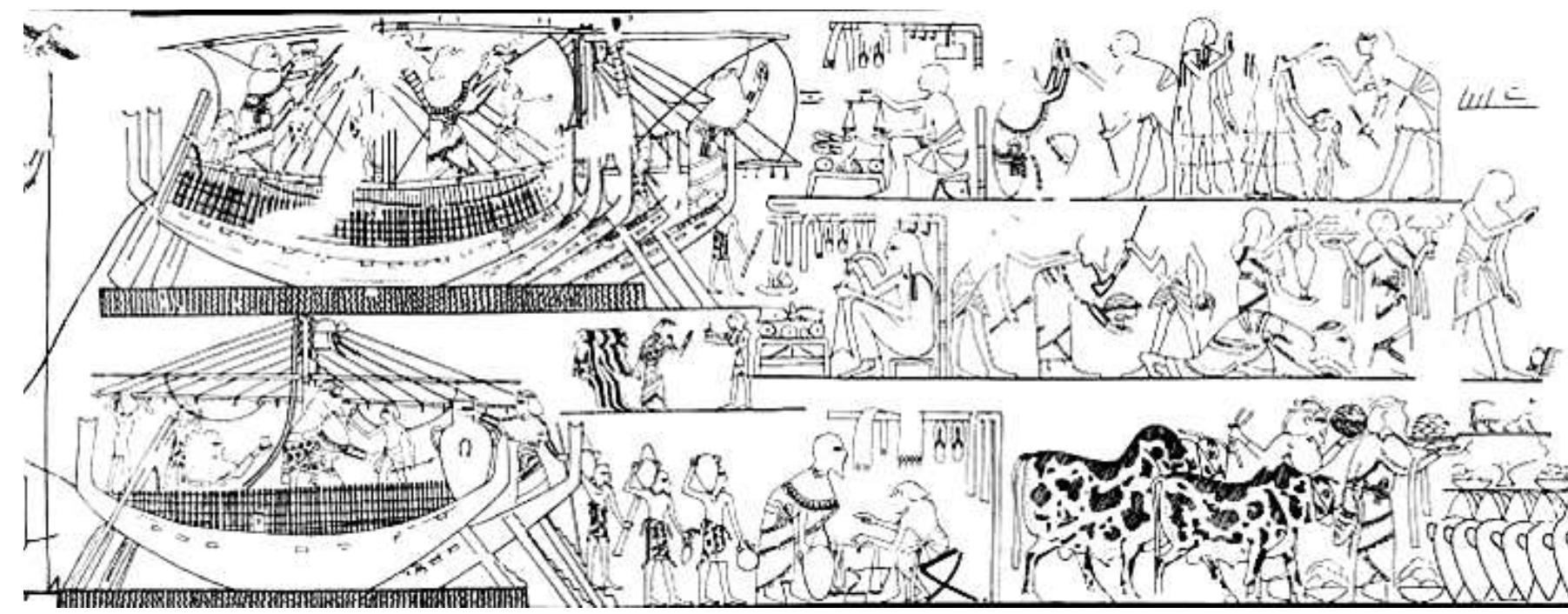 Fig. 19: Syrian merchant ship and trading on the Theban harbour front: drawing of scenes in Kenamun’s tomb at Thebes, TT 162, Dynasty 18. Drawing by Norman de G. Davies, after Davies and Faulkner 1947, pl. 8.  PP NINN Re hte Fas, N Niet RNG]! Set NGSD Aa Dekigh SERENE cdecheel Bey eens ACRE W Sod NNR EDEN, PR NMR ERRNONGE! Natt LADEN INL YS OO PEE PEELS Ee:  In both Greece and Egypt temples also had economic roles, including as stores of wealth, and at Naukratis this role may have extended to guarding precious trade goods: many precincts were large, and the Hellenion and especially the sanctuary of Amun-Ra were also well-fortified, with the latter housing several large buildings on casemate foundations, some of them, as noted earlier,  at least in part probably sacred storage buildings. Egyptian temples in particular were significant  economic entities, whose economic activities in Late Period Egypt to a significant degree were extensions of Pharaonic economic policy (Agut-Labordére 2013; Moreno Garcia 2015; Colburn 2018, 73-81; cf. Manning 2018, 128, 174-75). Among their common responsibilities in the Late Period were the administration and renting out of land and the storage, distribution and trade  of natural resources and products, and they may also have had a role in tax collecting; it was here that weight standards were kept and wealth, such as silver used as bullion, may have been stored. Naukratis, it is likely, was no exception to this rule; by the early 3rd century BC the temple’s economic activities included the production (and royal taxation) of wool from flocks of sheep belonging to the temple of Amun-Ra (Agut-Labordeére, this volume). Both religious  and economic functions were facilitated by a position on the river; as in other Egyptian towns, Naukratis’ riverfront would have been its main harbour, the hub of commercial interaction between private individuals and state and temple officials. Tomb paintings of earlier periods show trading ships moored along river quays and the river bank full of market stalls and traders (Pino 2005; Zingarelli 2010, 33-50); one Dynasty 18 painting, in Kenamun’s tomb at Thebes, depicts Syrian merchants arriving and offloading and selling their wares, and prices being determined with the help of scales (Fig. 19). 