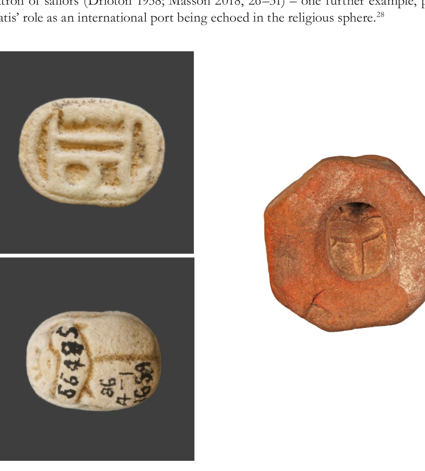 Fig. 20: Faience scarab naming Amun-Ra from Naukratis, c. 600-570 BC (eft). British Museum, 1886,0401.1659.  © Trustees of the British Museum. Terracotta scarab mould from Naukratis, c. 600-570 BC (right). Oxford, Ashmolean Museum AN1888.216.13. © Ashmolean Museum, University of Oxford. Photograph by British  Museum staff 