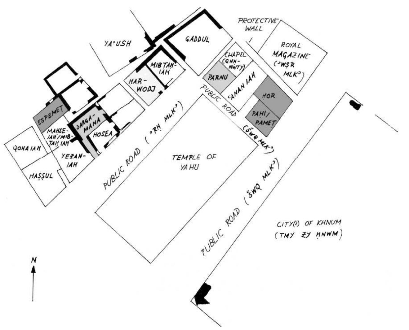 Fig. 21: Map of part of the town of Elephantine, showing houses belonging to owners of different ethnicities; after Vittmann 2017, 243 fig, 21. 