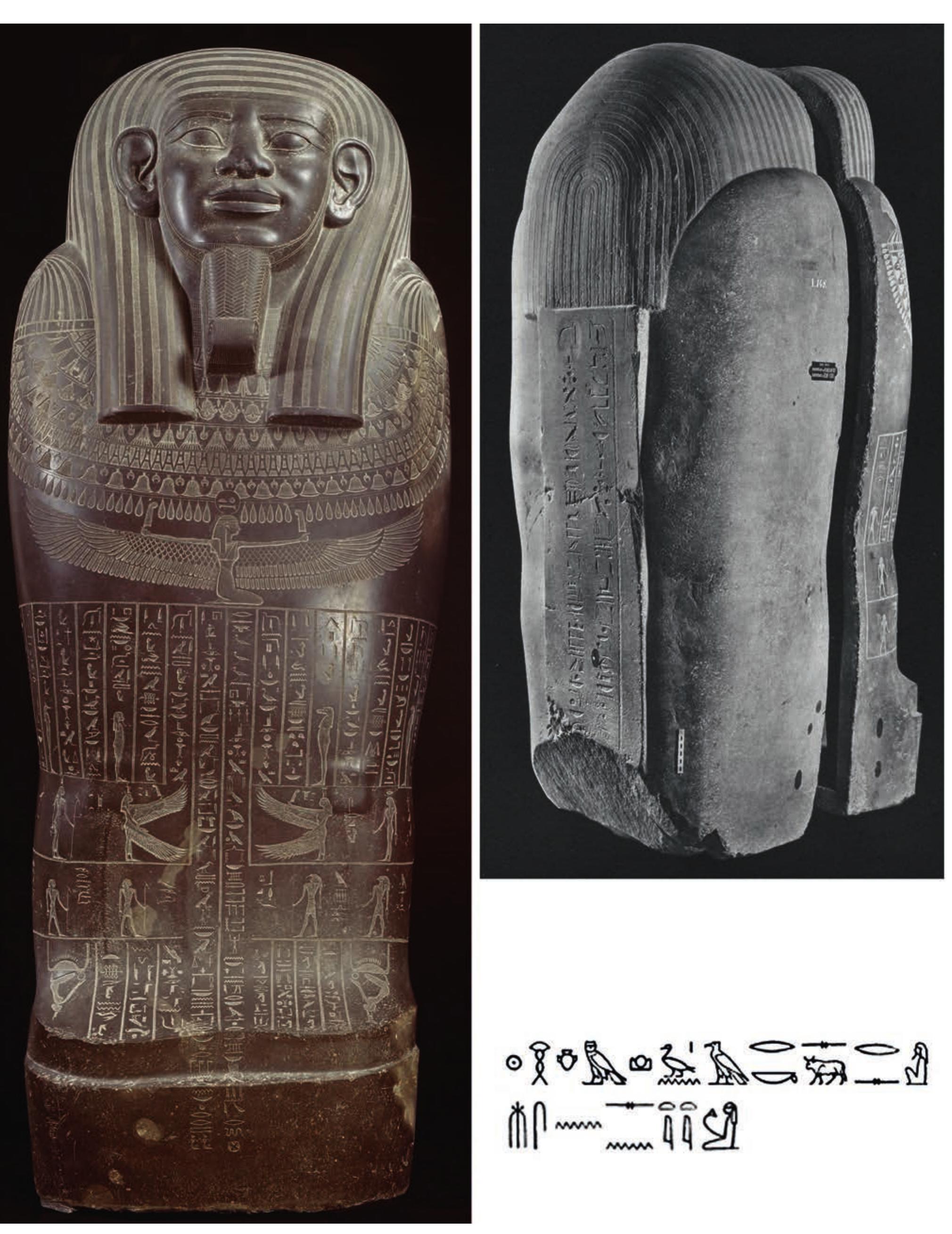 Fig. 1: Sarcophagus of Wahibreemakhet. Rijksmuseum van Oudheden, Leiden AM 4-a. Photographs © Leiden, Rijksmuseum van Oudheden; inscription giving the names of this father and mother, Zenodote/Sentiti (Sntty) and Alexikles/Arkeskares (srksk(s)rs), after Griffith 1916. 