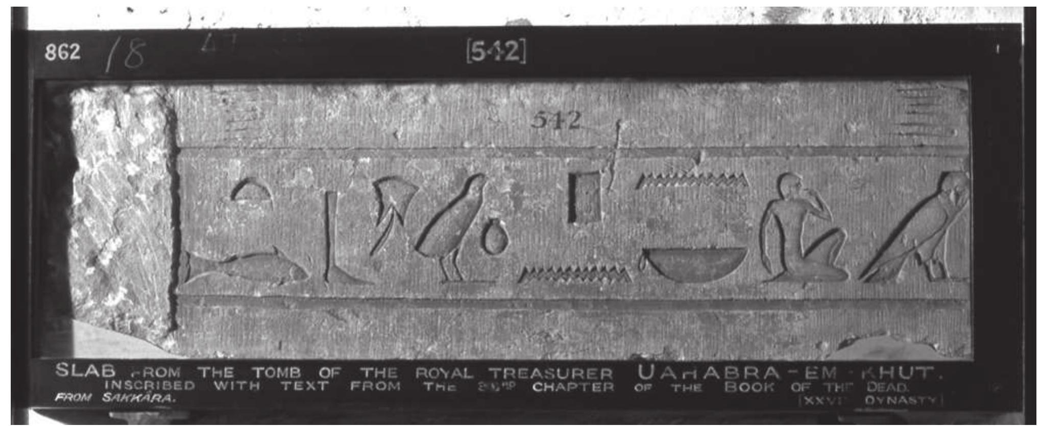 Fig. 6: Tomb relief slab of Wahibreeemakhet. (British Museum EA 542), with old frame stating Saqqara as the findspot. Photograph © Trus- tees of the British Museum. 
