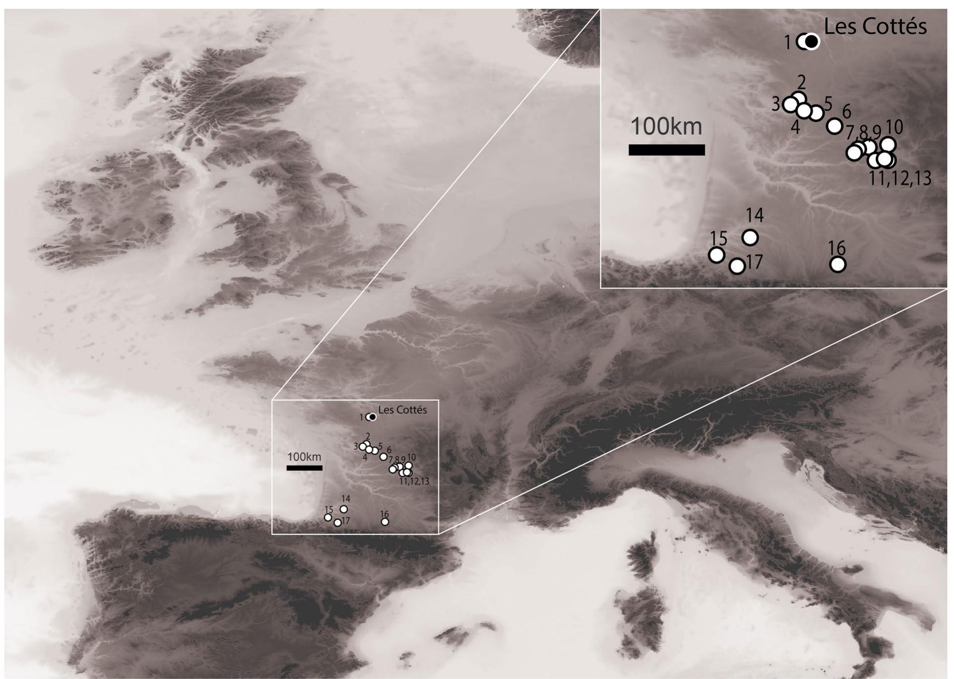Figure 1. Distribution of the sites used for discussion. 1: Quincay; 2: Fontaury; 3: Les Rois; 4: La Quina Aval; 5: Trou de la Chévre; 6: Les Battus; 7: La Ferrassie; 8: Pataud; 9: Castanet; 10: Les Battuts; 11: Grotte XVI; 12: Roc-  de-Combes; 13: Le Piage; 14: Brassempouy; 15: Isturitz; 16: Les Abeilles; 17: Gatzarria. Map made by S. R. using the software QGIS 2.6.1 and Etopol Digital Elevation Mode. 