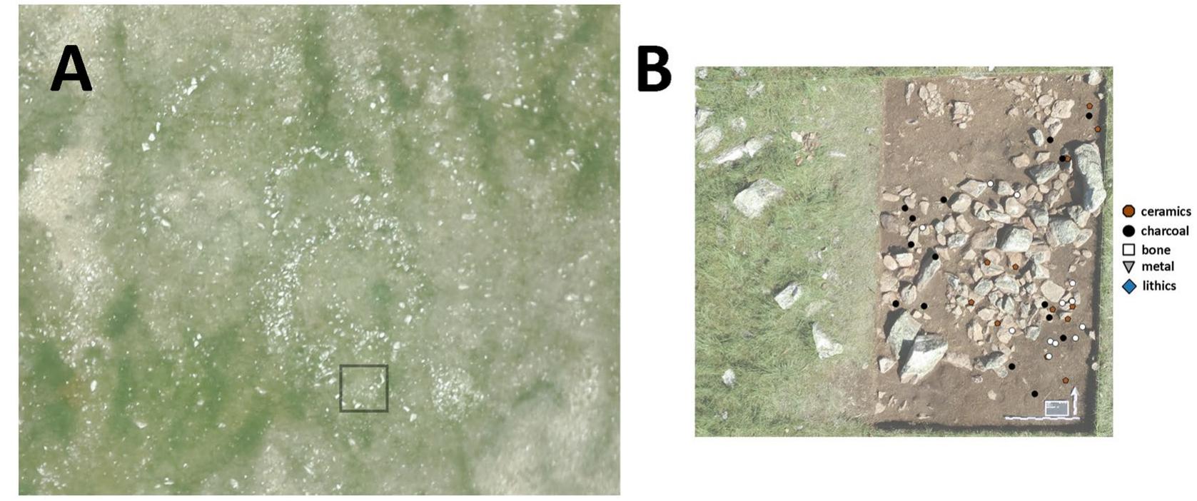 Figure 5. (A) Aerial view of structure at Tsagaan Asga with excavated area highlighted, and (B) planview of excavated structure showing position of artifacts. Image by W.Taylor and N. Case. 