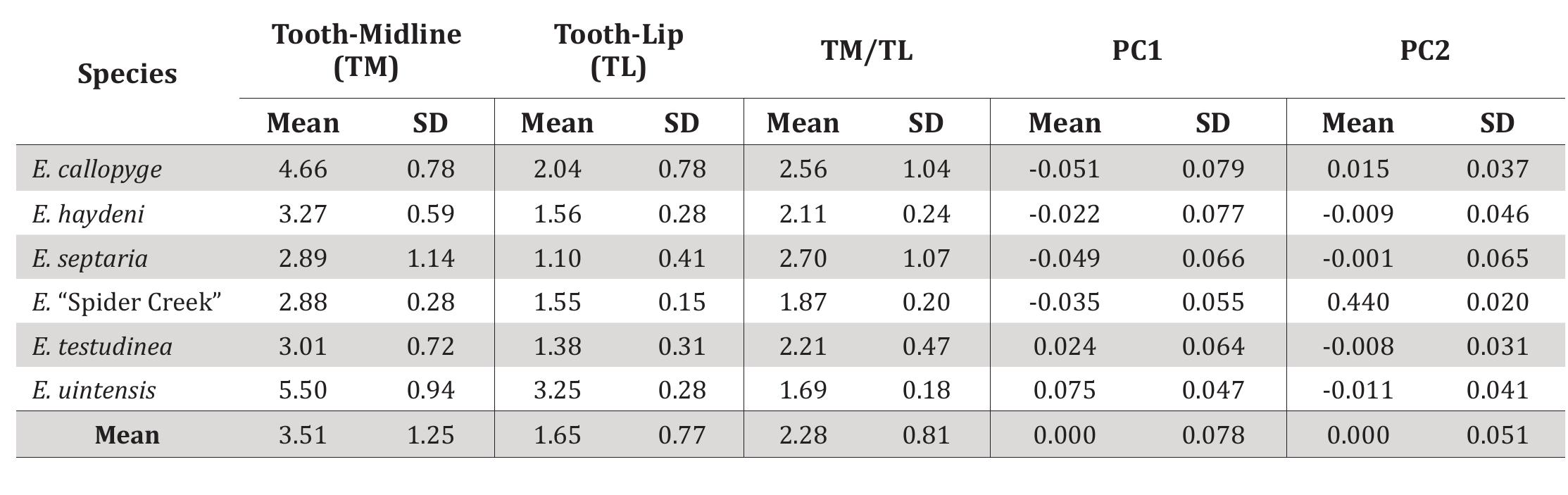 Table 3. Descriptive statistics for standard linear measurements of the epiplastron for the six Eocene Echmatemys chronospecies included in this study. Please see text and Figure 2 for descriptions. Abbreviations: PC=principal component; SD=standard devia- tion; TM/TL=tooth to midline/tooth to lip ratio. 