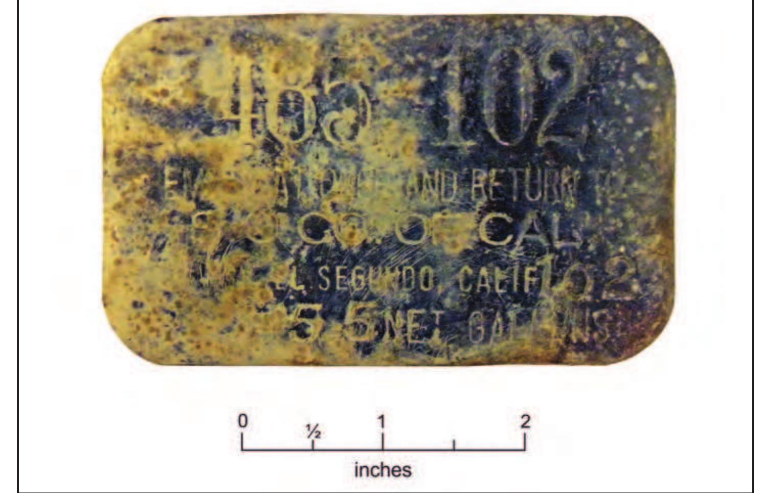 Artifact Tag Example 8. aluminum tag found on the surface. figure 5.9. pre-world