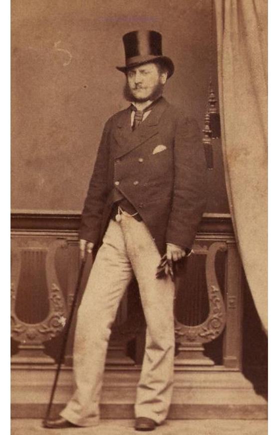 Figure 5: Portrait of the architect Konstantin Jovanovic, photographed by Anastas Stojanovic in Belgrade around 1875. Photo: © Museum of Applied Art, Belgrade.  As the MAA’s collection of men’s clothes and accessories from that period is quite modest, photos of fashionable 19'"-century couples are a precious source for the fashion history of Serbia. Yet, we will try to bridge the gap through the sequence dedicated to male dress containing typical items associated with the male elegance of the époque, such as a frock coat, a tailcoat, a top hat, a bowler hat, or a walking stick. A significant contribution to this sequence will be dandy photo portraits taken in Belgrade, e.g. those of the architect Konstantin Jovanovic€é, made by Anastas Stojanovi¢é around 1875 (MAA Accession No. 10445), or Mr. Simié, made by Milan Jovanovic in 1892 (MAA Accession No. 23686). 