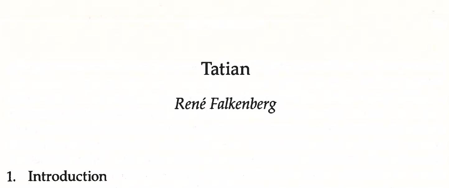 Tatian may not be the most important of the early apologists, but there has been much controversy surrounding him — in his day and afterwards. This is primarily because he came to be viewed as a heretic from an early stage by Christians in the Western Roman Empire. In the East however, Tatian was seen as a significant theologian due to his Gospel harmony, the Diatessaron, being the first person to weave the four Gospels of the New Testament into one single account. Many of the Eastern churches used the Diatessaron as their standard Gospel up until the fifth century. Although Tatian was called a her- etic in the West from the second century, we do not find similar statements in the East prior to the tenth century.'  There is little surviving biographical information about Tatian, but 