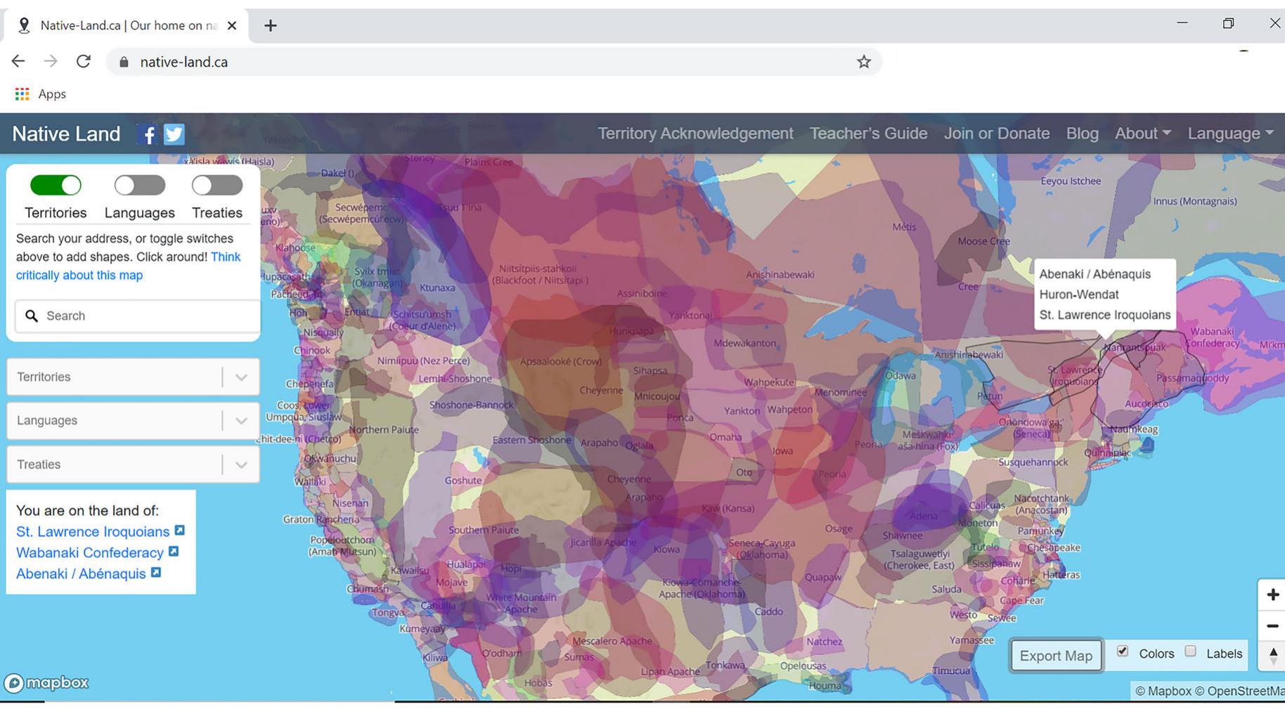 Screen capture of the map of the native-land project. the