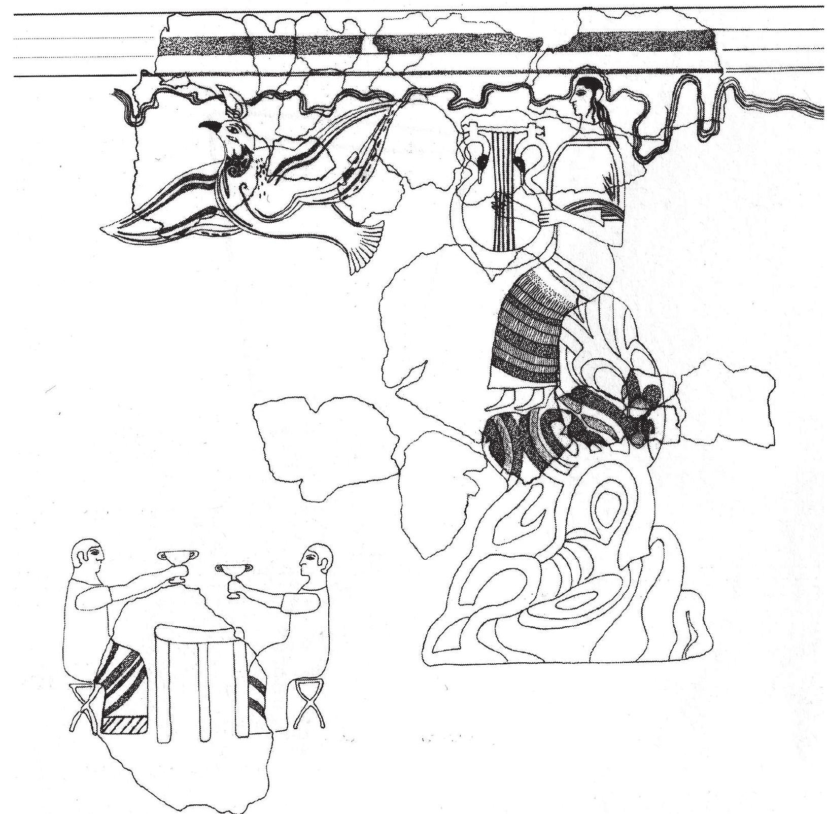 Fig. 4.4: Reconstructed scene of the ‘Bard at the Banquet’ from the main megaron at Pylos. After Wright 2004: fig. 13, drawn by K.E. Leaman after McCallum 1987: pl. 10, based on reconstruction drawing by Piet de Jong (Lang 1969: pl. 125). 