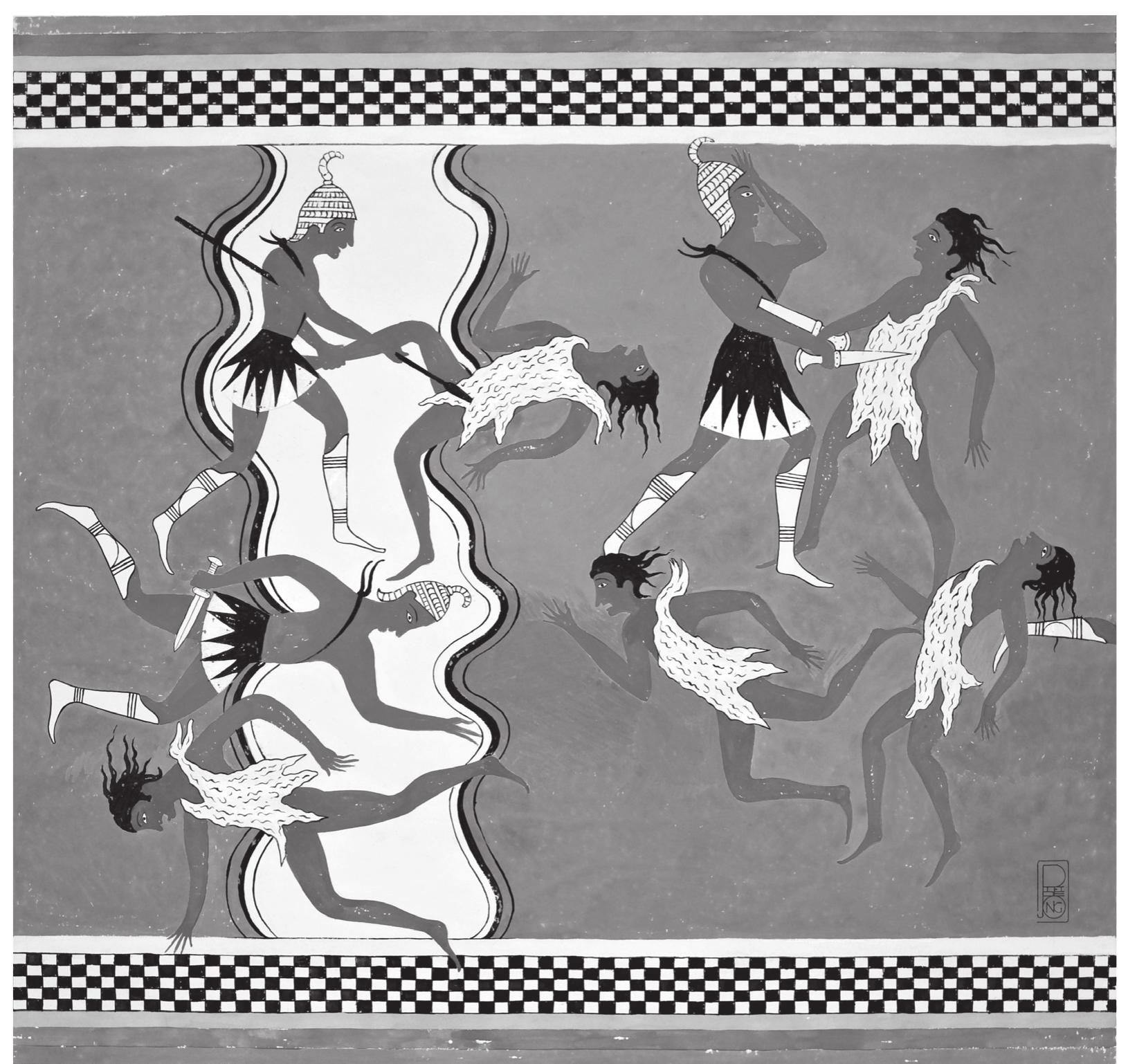 Fig. 4.5: Reconstruction by Piet de Jong of battle scene in Hall 64 at Pylos (Lang 1969: col. pl. M). Courtesy of The Department of Classics, University of Cincinnati and American School of Classical Studies at Athens, Pylos Archive, Piet de Jong Collection of Watercolors. Photo Jennifer F. Stephens and Arthur E. Stephens. 
