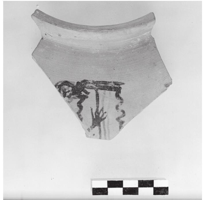 Fig. 4.6: Sherd from shoulder of collar-necked jar from Tiryns, showing part of lyre player (Slenczka 1974: pl. 9:1d). Negative: D-DAI-ATH 1971/767, photographer: Tsimas. Courtesy of the German Archaeological Institute. 