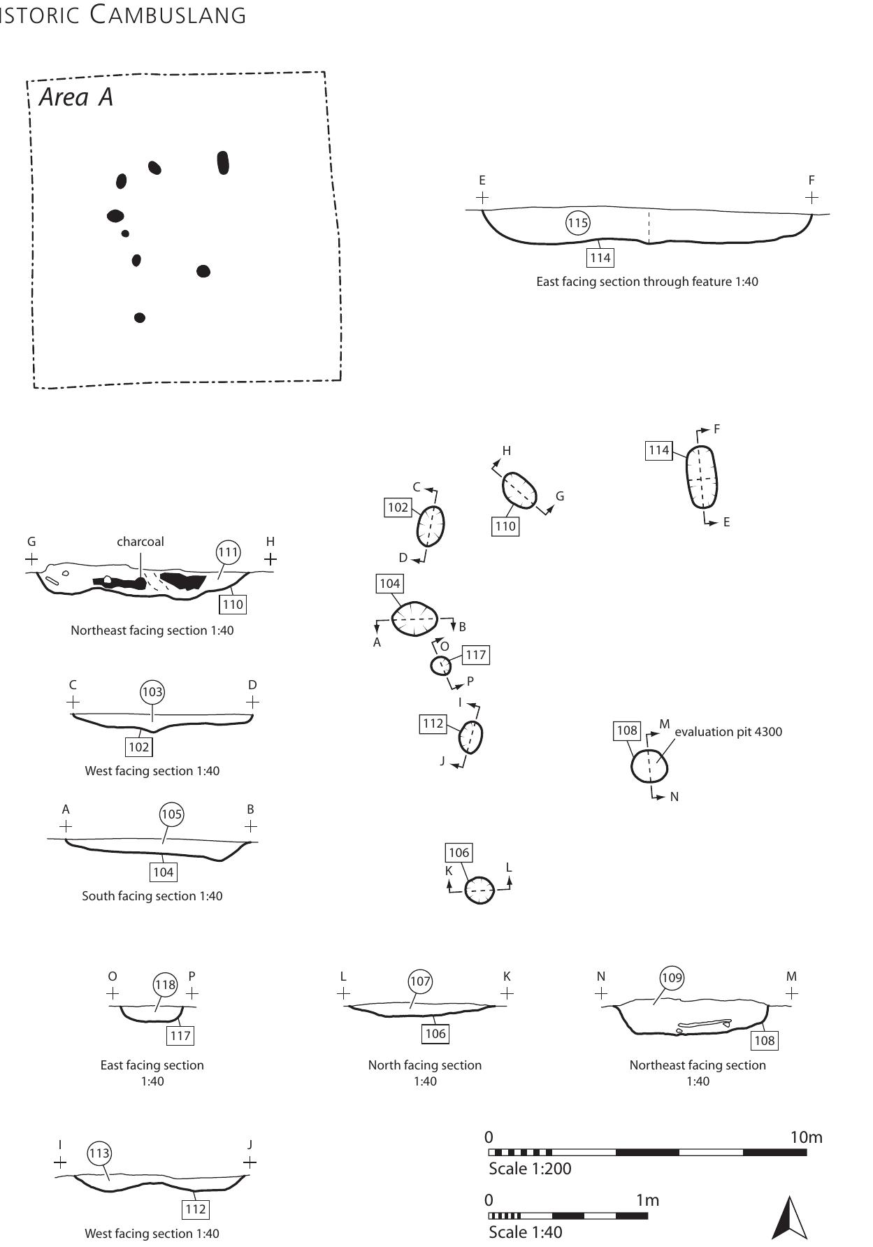 Fig 2 Area A showing location of features (1: 1200) and section drawings (1 : 40) 