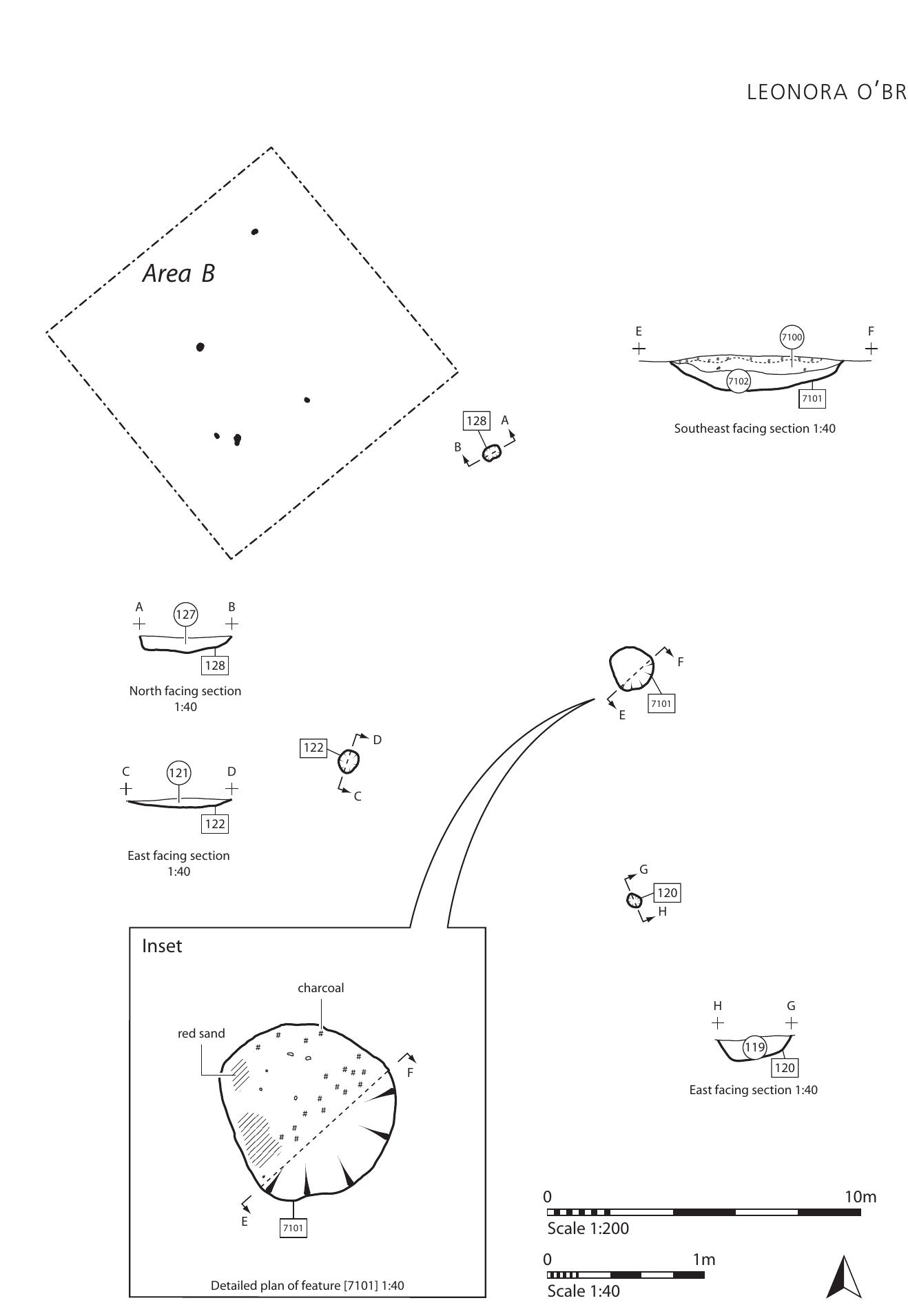 Fig 3 Area B showing location of features (1 : 200) and section drawings (1 : 40) 