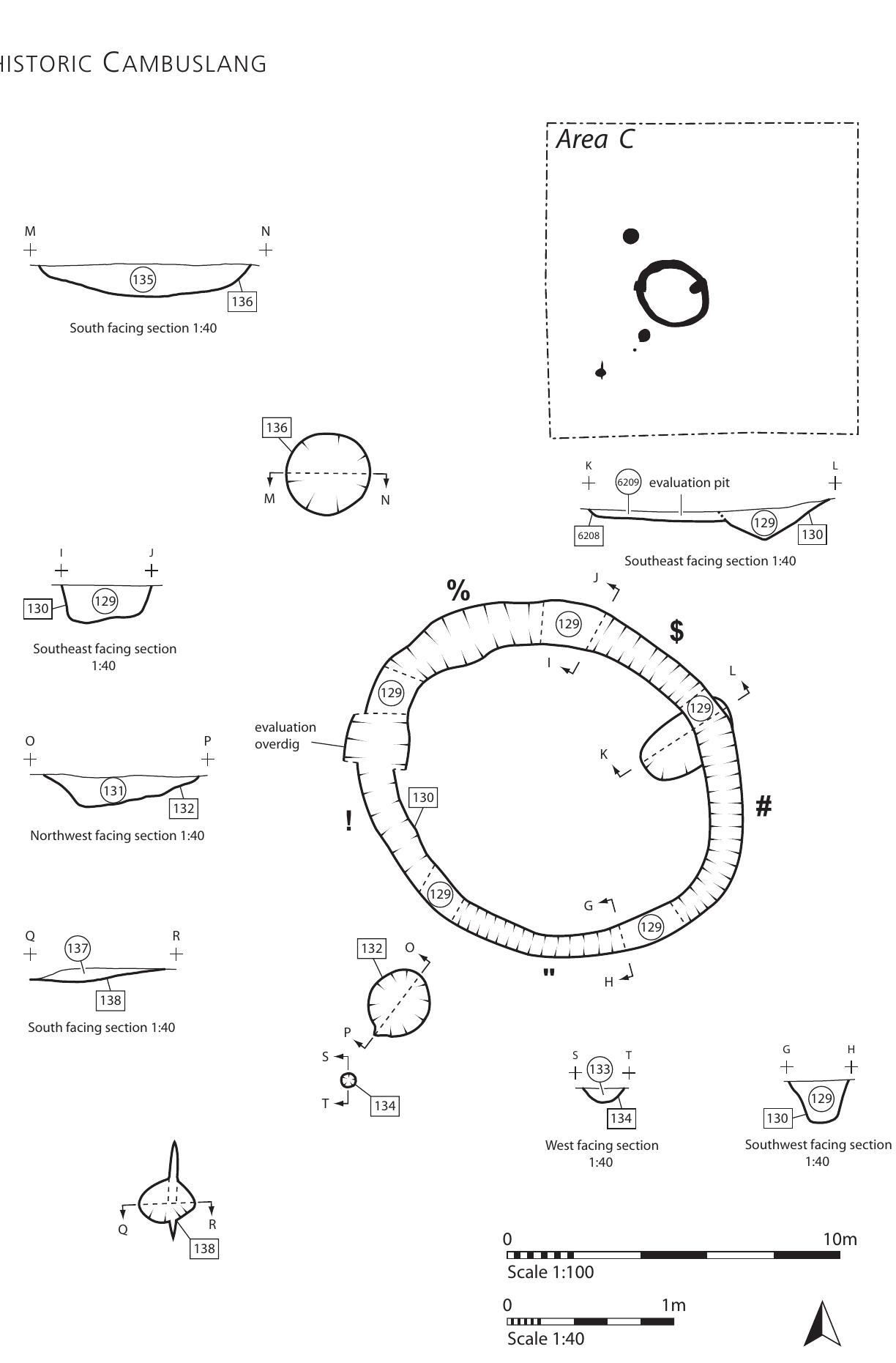 Fig 4 Area C showing location of features (1: 100) and section drawings (1 : 40) 