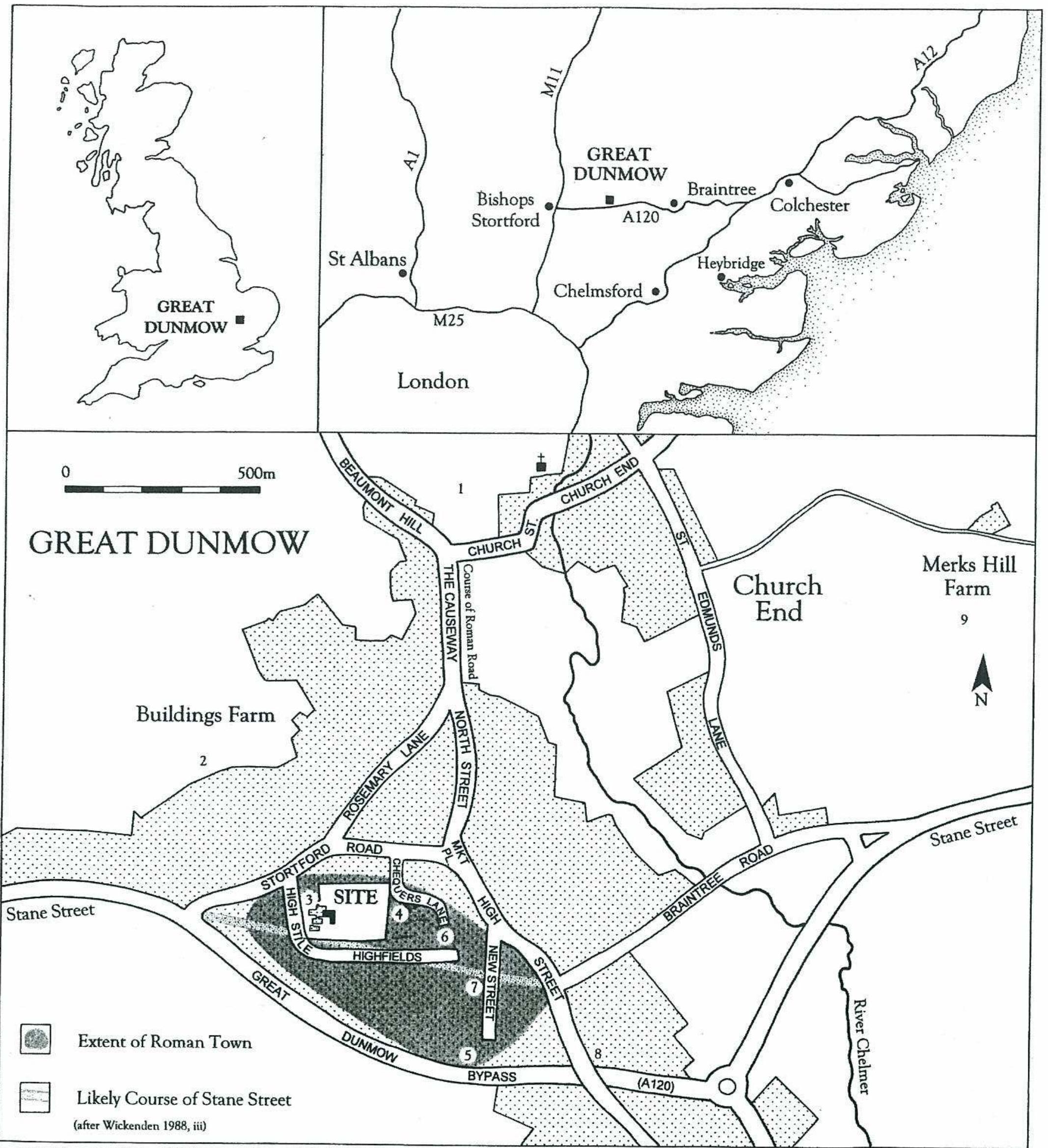 Fig. 1 The national and regional setting of Great Dunmow, showing 1 the location of sites mentioned in the text. 