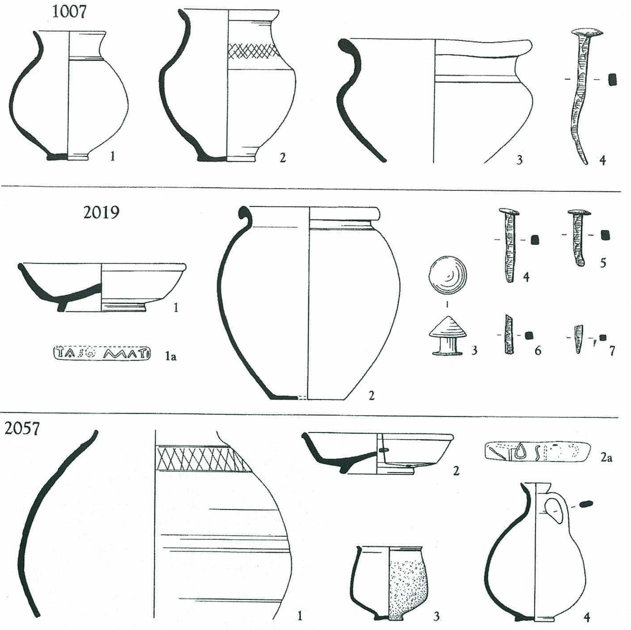 Fig. 6 Grave goods from cremation groups 1007, 2019 and 2057 Scales: Pottery 1:4, Iron objects 1:2, Copper-alloy object 1:1 