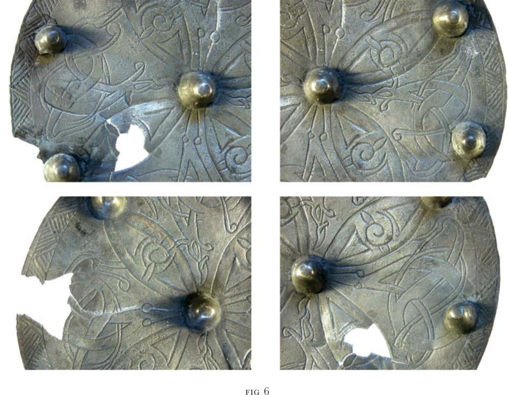 Zoomorphic decorative elements on the Bredfield brooch. © Suffolk County Council.  Parallels for the Bredfield brooch are apparent in a series of late Saxon disc brooches that have a broad chronological and artistic span. The earliest examples from the 9th century, such as the Strickland and Fuller brooches, offer some parallel in terms of form, as does the larger disc brooch of the Beeston Tor hoard with its applied bosses and lentoid fields, albeit utilismg Trewhiddle-style decoration.** Similarly, from later Scandinavian contexts, Swedish hoard examples from Sturk6 in Blekinge (deposited post-ap 1002), Kungsholmen, Stockholm (deposited post-1016) and Igelésa (deposited ¢ 1006), as well as a brooch from the List hoard (c 1000-03), demonstrate comparable features.*° 