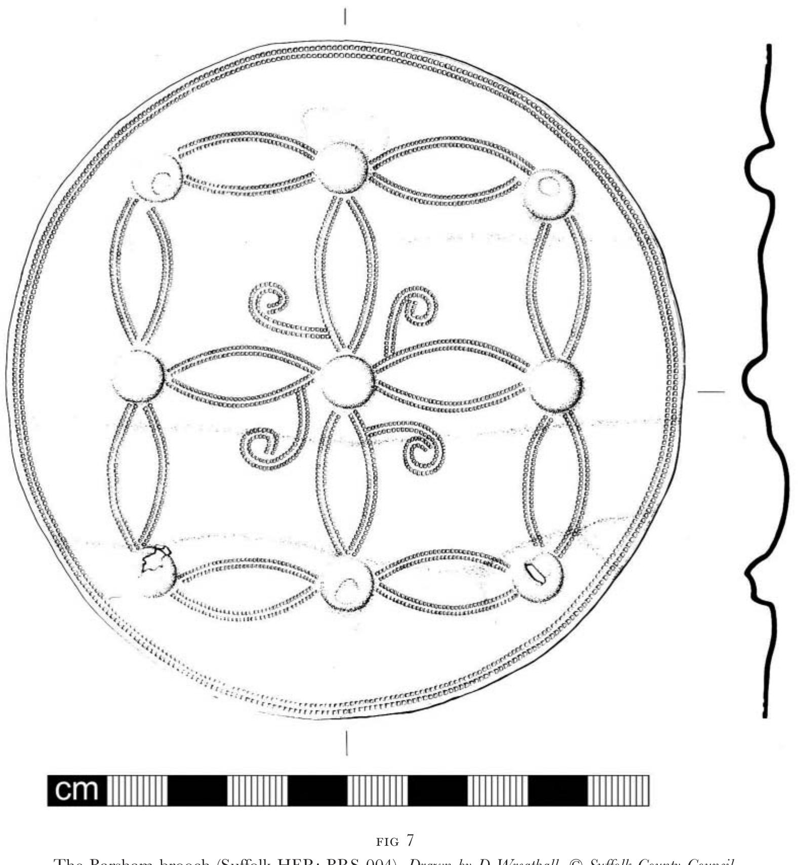 However, the decorative elements of the Bredfield brooch represent a degeneration from the early brooches of the series and in drawing on later metalwork styles find their closest parallels in two 11th-century English examples. Thus, the disc brooch from Barsham, also found folded and containing a small hoard of A‘thelred IT pennies (depos- ited c 1002-03), retains the nine bosses and lentoid fields but lacks any distinctive figural elements (Fig 7).*° Perhaps the closest comparison is with the Sutton (Isle of Ely) brooch found in 1694 as part of a hoard containing coins of William I (1066-87). It, too, has eight bosses surrounding a central boss, although arranged in a lozenge formation, all con- nected by a series of lentoid fields with central spiral or scroll motif. Between the lentoid fields are zoomorphic motifs that draw on the Ringerike style but are degenerate in their execution and which, combining more abstract ornament in the surrounding fields, 