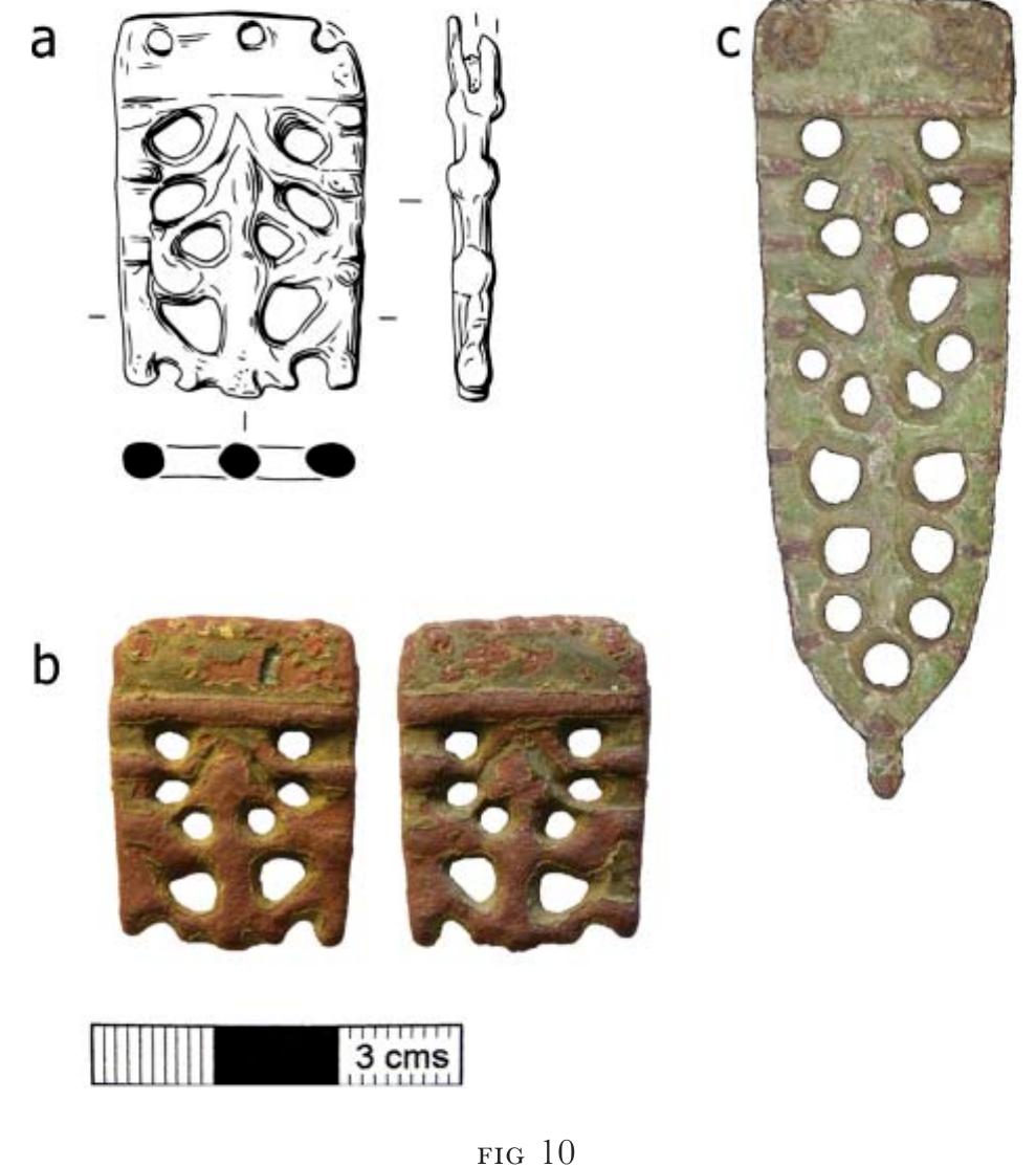 An aberrant form of 10th-century strap-end. (a) Middle Harling (HER 6033). (b) Suffield (NMS-26AE34; HER 52655). (c) Seething (NMS-1D99B4; HER 40302). Scale 1:1. (@) Drawn by S Ashley. Photographs: (b) and (c) Historic Environment Service, Norfolk County Council. 