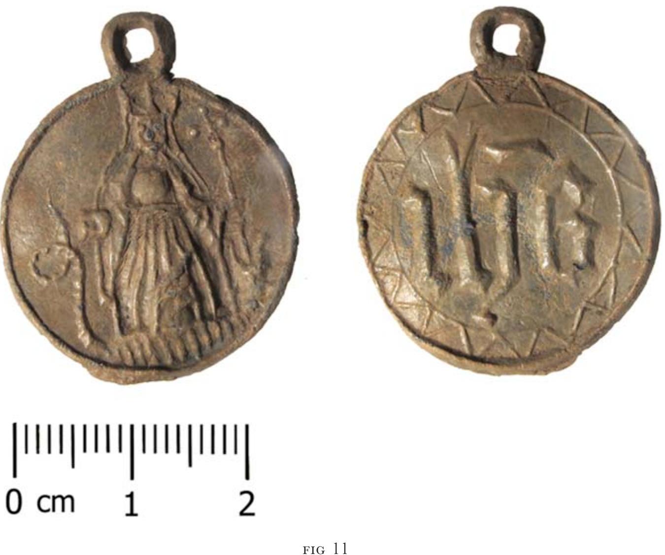 A pilgrim sign of St Margaret of Antioch from Hogsthorpe, Lincolnshire (LIN-FD4722). Scale 2:1. Photograph by A Daubney. 