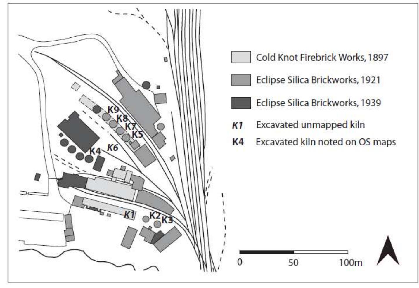 Although the workforce shrank during the Great Depression, it grew again in the late 1930s. Production increased during the Second World War, when new presses were purchased and a 230ft chimney connected to the kiln flues was erected, stamped with the letters ‘PH’. During the 1950s and 1960s demand for silica bricks declined, so the works adapted to the manufacture of common bricks. In 1965, Pickford Holland was taken over by J & J Dyson, a Sheffield-based refractory brick company. Although most of the local collieries had closed by the 1960s, the Eclipse Brickworks continued production. It was only following the decline of the steel industry, for which it provided refractory bricks, that the factory closed in 1984 and was demolished. 