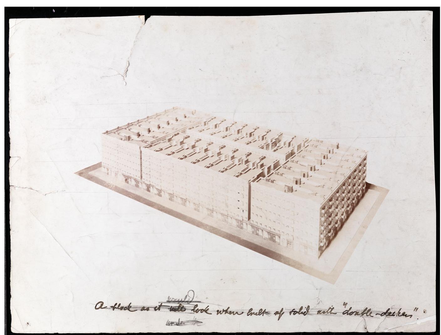Figure 4. Model of a Lower East Side block bounded by Chrystie, Forsyth, Bayard and Canal Streets, New York ca. 1900. “As a solid block of double-deckers, lawful until now, would appear.” Museum of the City of New York. 