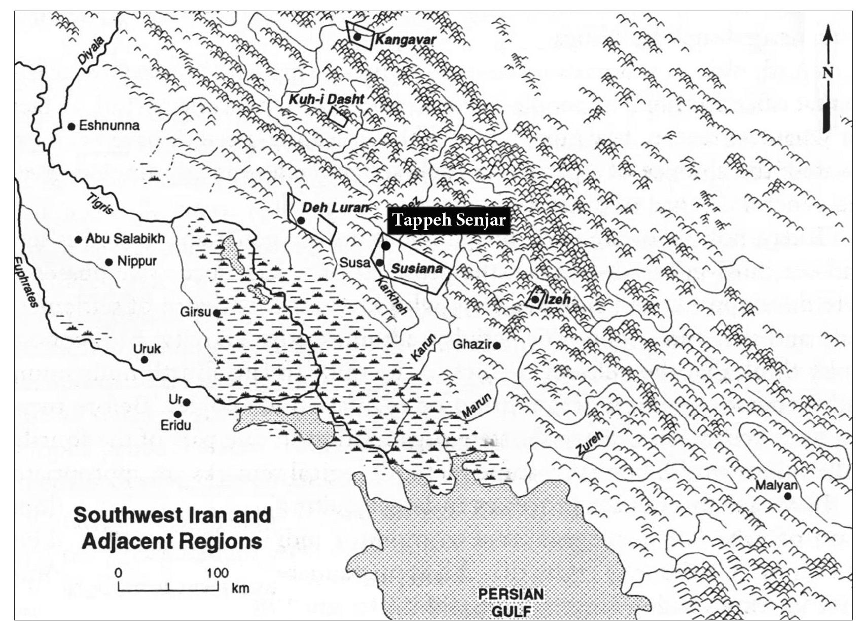 Fig. 1 - Location of Tappeh Serjar on the Susiana Plain (© Wright 1998, p. 176).  The main central mound rises about 13 m (fig. 2) above the ground. But recent stratigraphic excavations indicated that the site has about 20 m height, showing that 7 m of lower archaeological layers have been covered by alluvial sediments of Karkheh River. Tappeh Senjar is the uppermost site of linear  settlement patterns on eastern Karkheh River bank which contains sites such as Jowi, Jaffarabad, Soleyman, and Susa. 