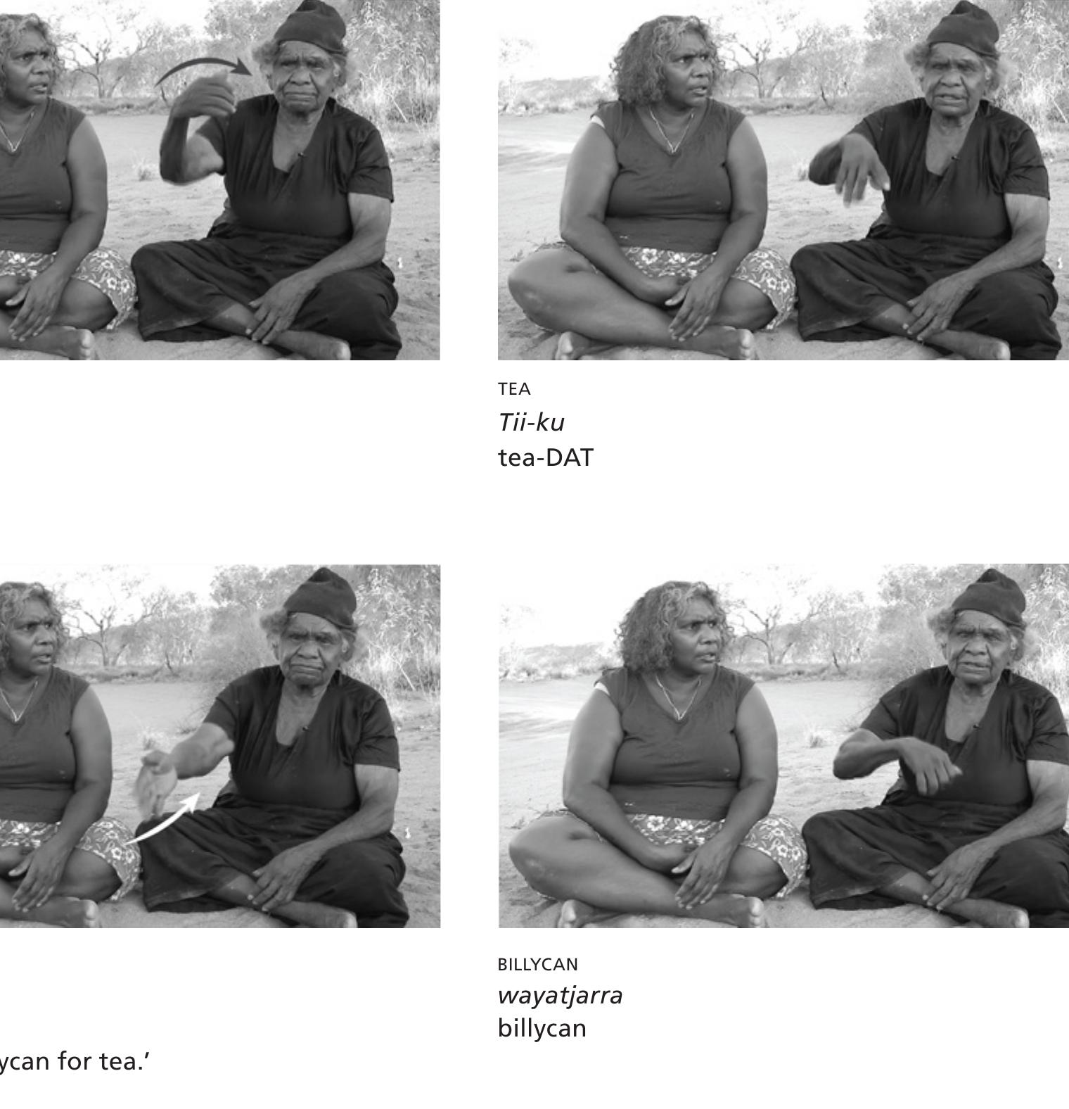 the imperative form of the Ngaanyatjarra verb katiku ‘bring, carry, take’ is made clear by this action, which is directed towards the signer, thus adding an explicit deictic component to the utter- ance. The word tii-ku ‘for the tea’ is articulated at the same time as the sign TEA. The spoken word wayatjarra ‘billycan’ is articulated during the final phase of the second occurrence of the action BRING, rather than timed closely with the subsequent production of the sign BILLYCAN.  By way of contrast, Example 4 demonstrates how, in contexts of co-speech signing, signs and their speech affiliates are not always artic- ulated at the same time, but rather may be loosely co-ordinated at the utterance level. The Ngaanyatjarra speech in the multimodal utter- ance shown in Example 4 is translated as ‘bring the billycan for tea’. The first action, glossed as BRING, occurs in silence. The meaning of 
