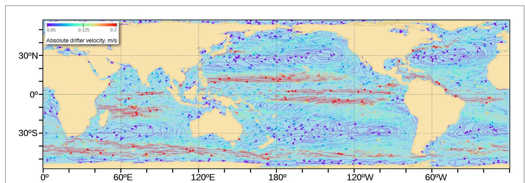 Schematic of large-scale ocean surface currents (gyres,