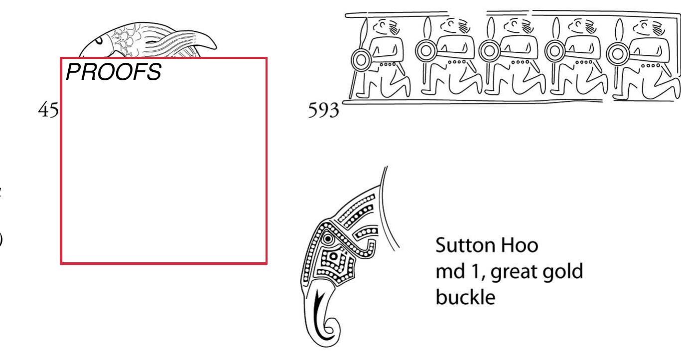 outwards from the ring rather than at one another, and down the hoop away from the bezel. These birds, too, compare with other ‘crouching bird of prey’ motifs but they lack the fanned tail and large feet with curved talons seen elsewhere (e.g. the facing pair upon the aforementioned small copper-alloy pendant or moun from Uttlesford). It is possible that these details were sacrificed by the designer in order to accommodate the two pairs of raptors symmetrically within the confined space between the animal heads on the shoulder and the interlace at the bottom of the hoop. The closest parallel for the wing form is on a gold mount (see Fern et al. 2019b, Catalogue 459) from the Staffordshire Hoard (Fig. 5), which is in the form of a bird holding a fish. Other similar examples of wings are illustrated by Speake (1980, fig. 17d-f), including the raptors- with-prey on the Sutton Hoo mound 1 purse lid. nterestingly, the groove dividing the mandibles of the beak terminates in a Y-form, a signature trait of the Sutton Hoo regalia (Fig. 5) and other metalwork from the wider East Anglian region, so ‘an origin for the North West Essex ring in a royal East Anglian workshop should be considered a distinct possibility’ C. Fern pers. comm., 2019).  x  