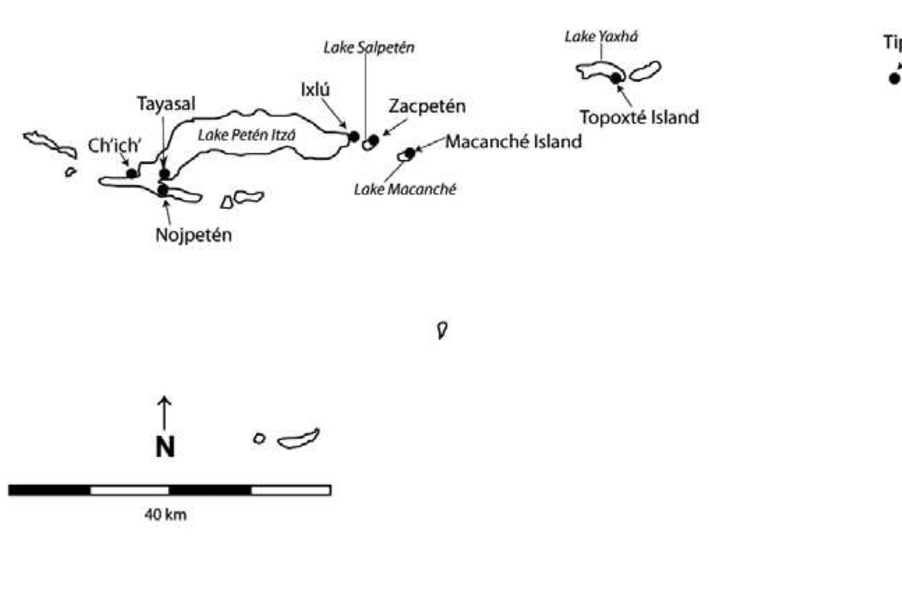 Figure 9.1. Postclassic Archaeological Sites in the Central Petén Lakes Region.  UILIELOELILV dS.  Although a number of socio-political groups may have lived in the central Petén lakes region, the Itza and Kowoj were best documented by the Spanish. ‘The Itza dominated territory west and south of Lake Petén Itza. They claimed ancestry from the archaeological site of Chich’en Itza in northern Yucatan and are said to have migrated from there to the Petén lakes region before the Spanish conquest (Jones 1998:22). The head of the ruling Kan Ek’ lineage of the Petén Itza also stated that his family still lived there (Jones 1998:11). In Petén, the Itza made their capital at Nojpeten (modern-day Flores Island) and may have controlled the archaeological sites of Ch’ich, Tayasal, Ixli, Macanché Island, Yalain, and Tipuj. Their absolute control of Ixlu, Yalain, and Tipuj is question- able as these sites may have changed hands when borders were contested and redrawn (Cecil and Neff 2006; Jones 1998:6, 11). Architecture and burial/cache patterns at sites in the Itza territory are similar to architecture and burial pat- 