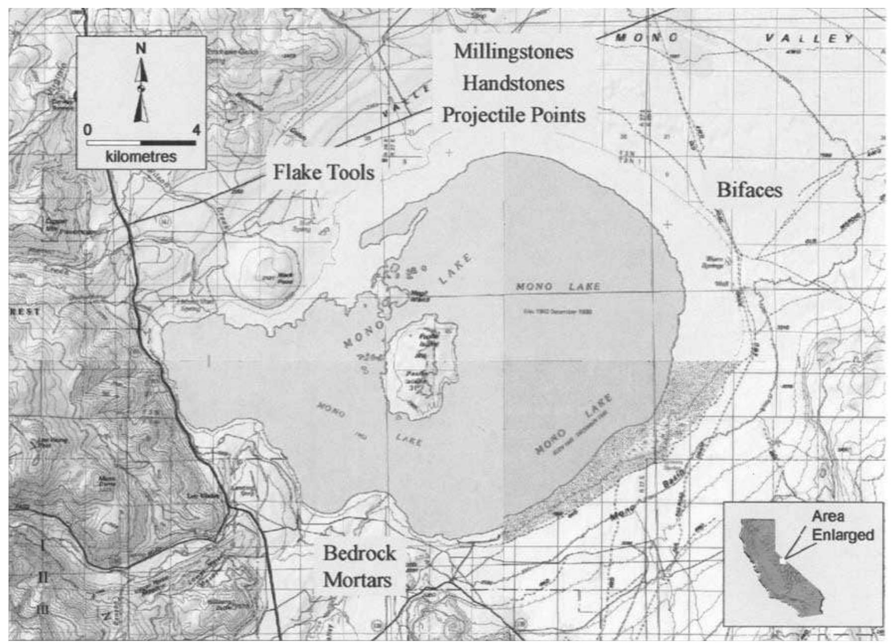 Figure 13.2. Important Artifact distributions in the Mono Lake basin. 