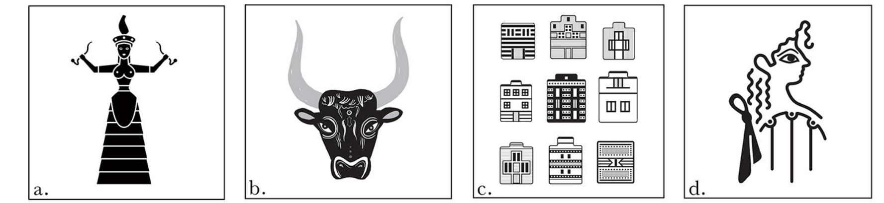 Fig. 1.a-d. a. Snake Goddess; b. Bull Vase; c. Faience facades; d. La Parisienne (after Lifo 2016)  More than a century has passed, though, and archaeological discoveries in Greece have added hundreds of thousands new unearthed finds and beautiful objects, some of which may be equally well adapted to a use as museum replica and souvenir. Material is far more abundant than in Gilli¢rons times, and so are technologies of replication and image design. Numerous new themes and objects have been replicated since (“Museum Shops” n.d.). But the results of a recent design contest launched in 2016 by the Archaeological Resources Fund are astounding: the century-old themes and objects remain the familiar best sellers and eye catchers. An important part of the proposals signed by young designers handling modern techniques and digital tools, are once again based on traditional gilliéronesque motifs: the snake goddess, the Knossos bull, Minoan decorated architectural facades and La Parisienne, (Lifo Team 2016) (Fig. 1.a-d).  