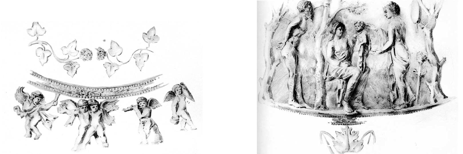 Fig. 2.a-b. Silver alabastron, Palaikastro Treasure, Karditsa (NMA): a. Floral zone, frieze with dancing putti; b. Main zone: seated woman with child, maenad and Satyr (?) in forestry landscape (Arvanitopoulos 1912, pl. 3)  of archaeological scholarship, discoveries and the complexity of related ambiguities during the phase of the elaboration of knowledge. The list of Gilliéronesque artworks in the National Museum may prove much longer, and so are their encounters and influence upon the scholars who produced the publications. The role of both artists went far beyond mere drafting and restoring, they actively interacted with excavators, scholars and the market,  shaping interpretations, contextualization etc. 