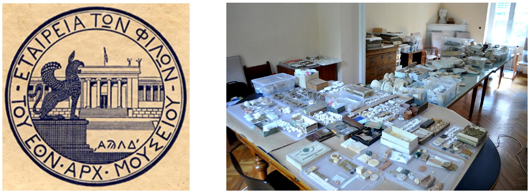 The bequest entrusted since 2015 to the French School at Athens comprises collections of Prehistoric, Classical- Roman, Christian-Byzantine replicated “archaeological” material, related to subjects such as Folklore, Royalty, political iconography, the first Olympic games, the Boy-Scouting movement and Tourism. It consists of an important number of molds, utensils, equipment and materials (Fig. 4). Artwork includes oil paintings and aquarelles, pencil and ink drawings, sketches, proofs for publications, prints and gravures. Photography is represented by glass plates, negatives and printed matter. Themes comprise persons, monuments, places and artwork. Books concern scientific bibliography and manuals, such as publications by the artists.  Fig. 3. Society of the Friends of the National Archaeological Museum of Athens: Seal by Gilliéron Fils (Friends of the NMA 1936, frontispiece). Fig. 4. Classification of material rests from the Gilliéron atelier (EFA 2017) 
