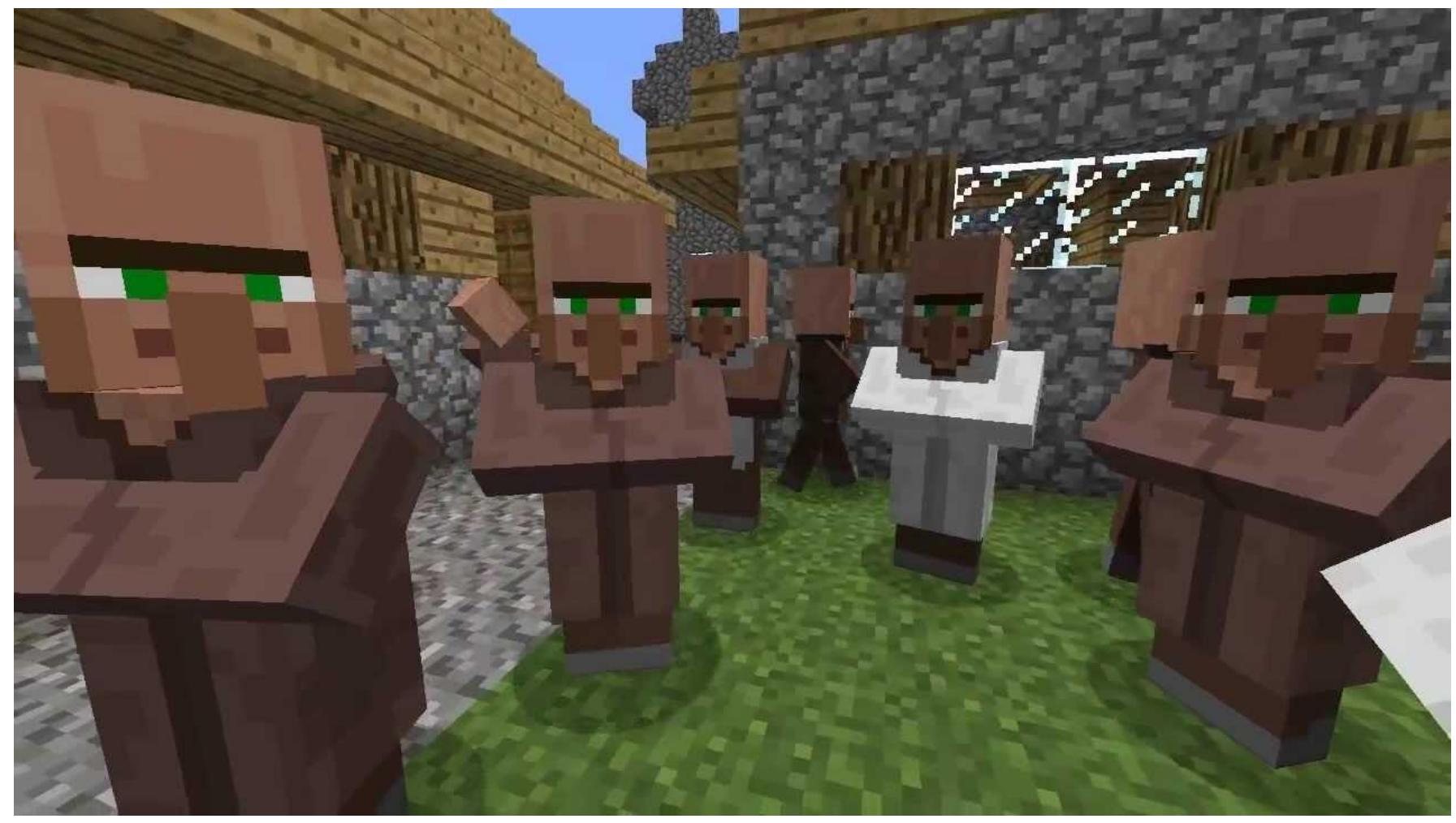 Figure 2. Peaceful villagers among their huts and crops in Minecraft (Screenshot). 