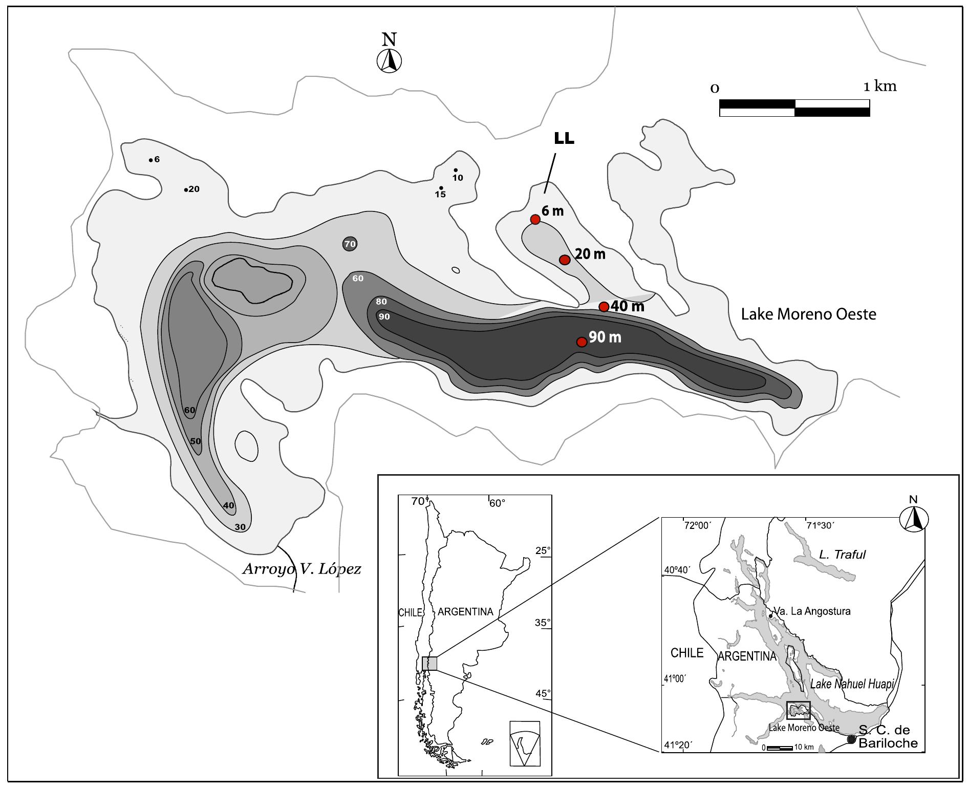 Fig. 1 Study area indicating sampling sites at Lake Moreno Oeste (MO). GP (Guardaparque) and LL (Llao—Llao) indicate sampled bays for littoral substrates, and red points 6, 20, 40, and  90 indicate sampled depths in sublittoral and deeper zones. Extracted and modified from Arcagni et al. (2013) 